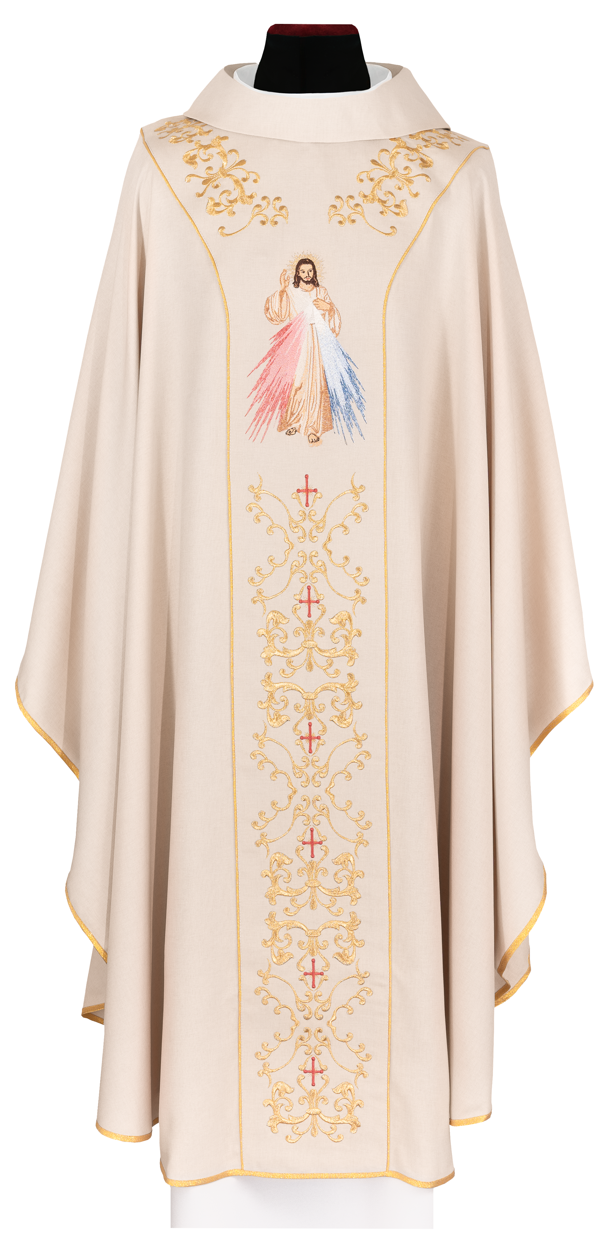 Casulla color crudo bordada con la imagen de Jesús Misericordioso