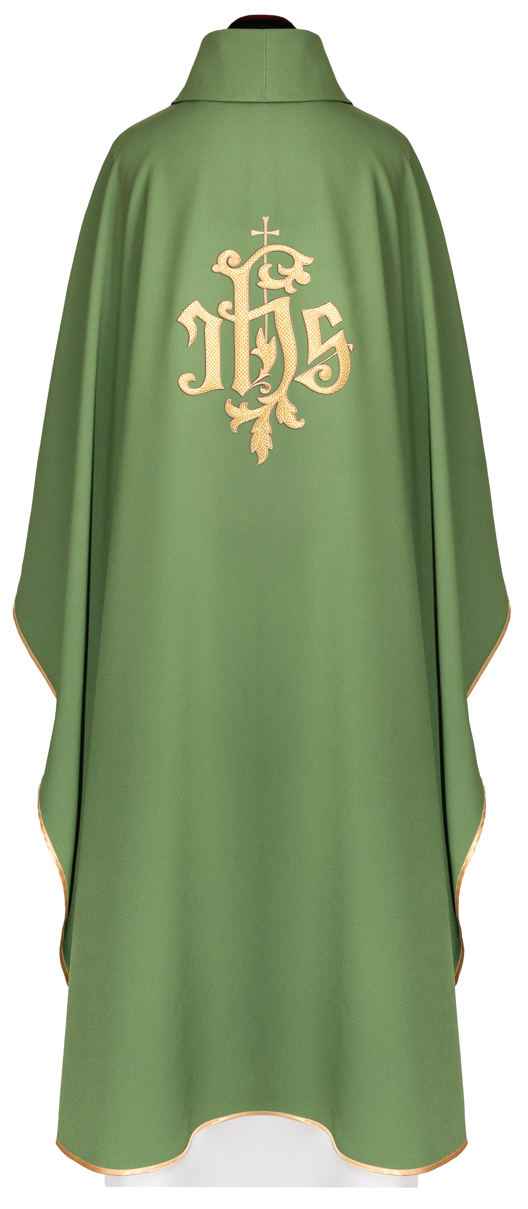 Casulla verde con bordado dorado del símbolo IHS