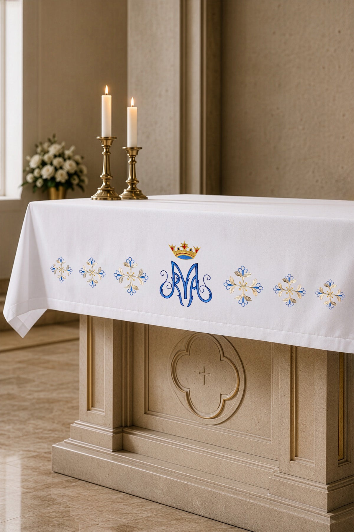 Mantel de altar con bordado frontal azul mariano