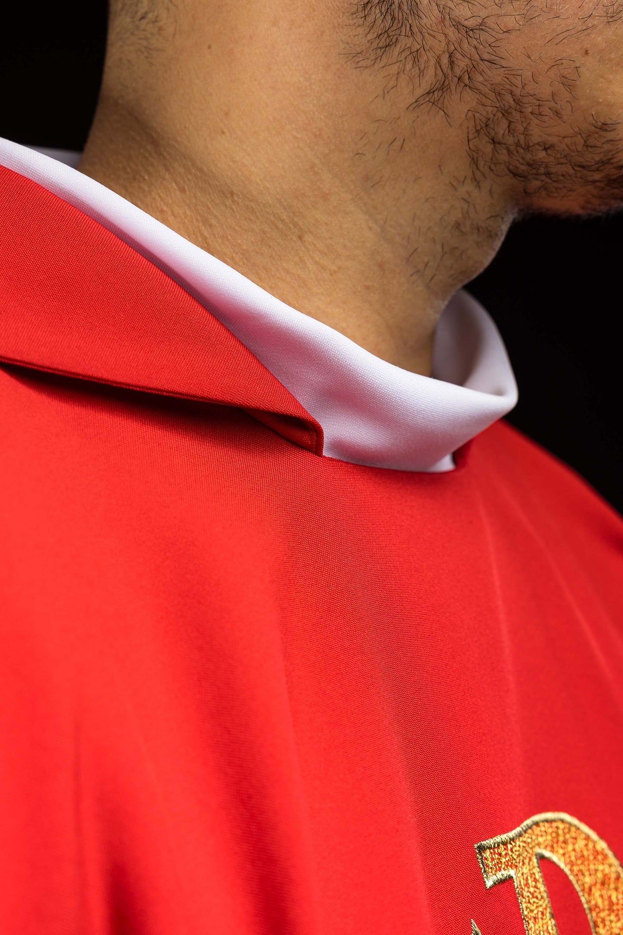 Casulla bordada con el símbolo Alfa y Omega y cuello ancho en color rojo