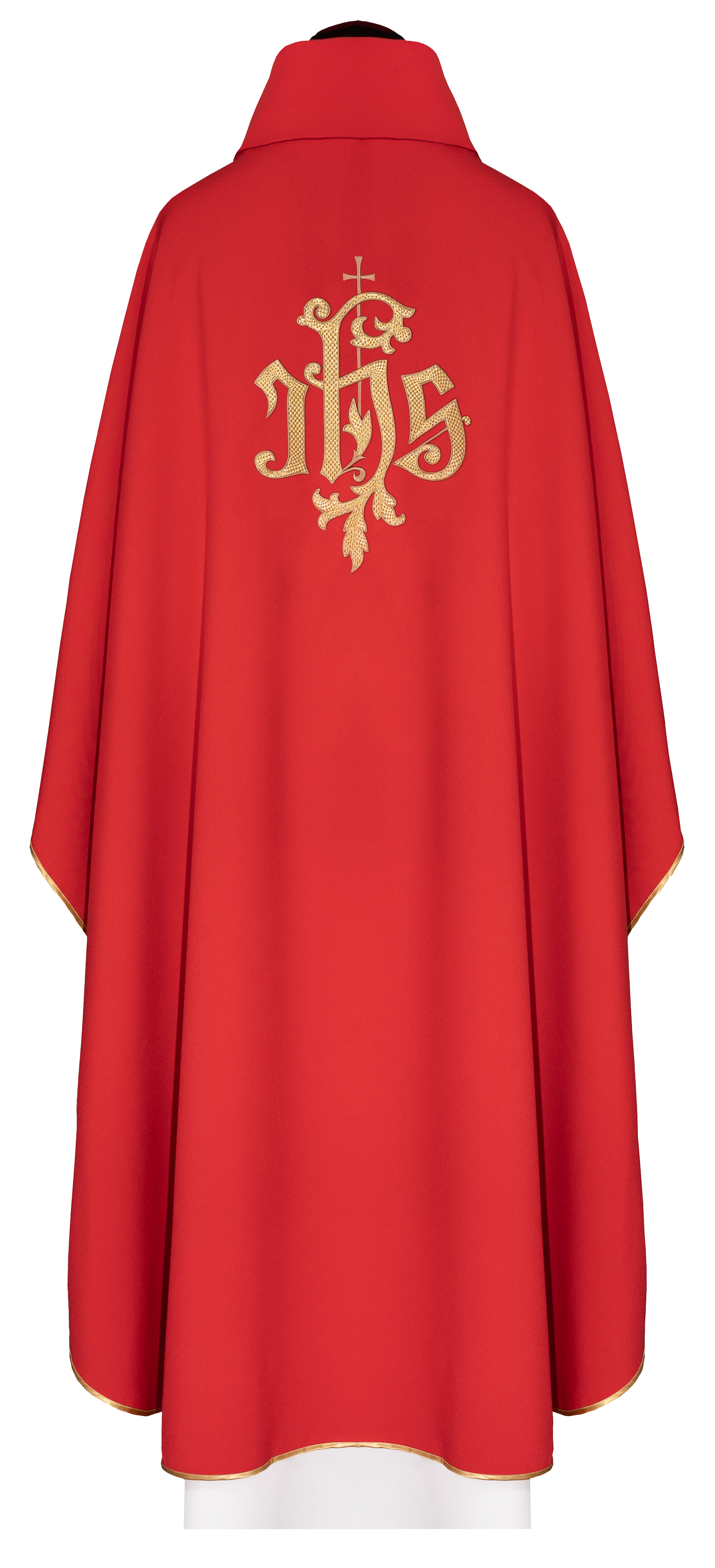 Casulla roja con bordado dorado del símbolo IHS