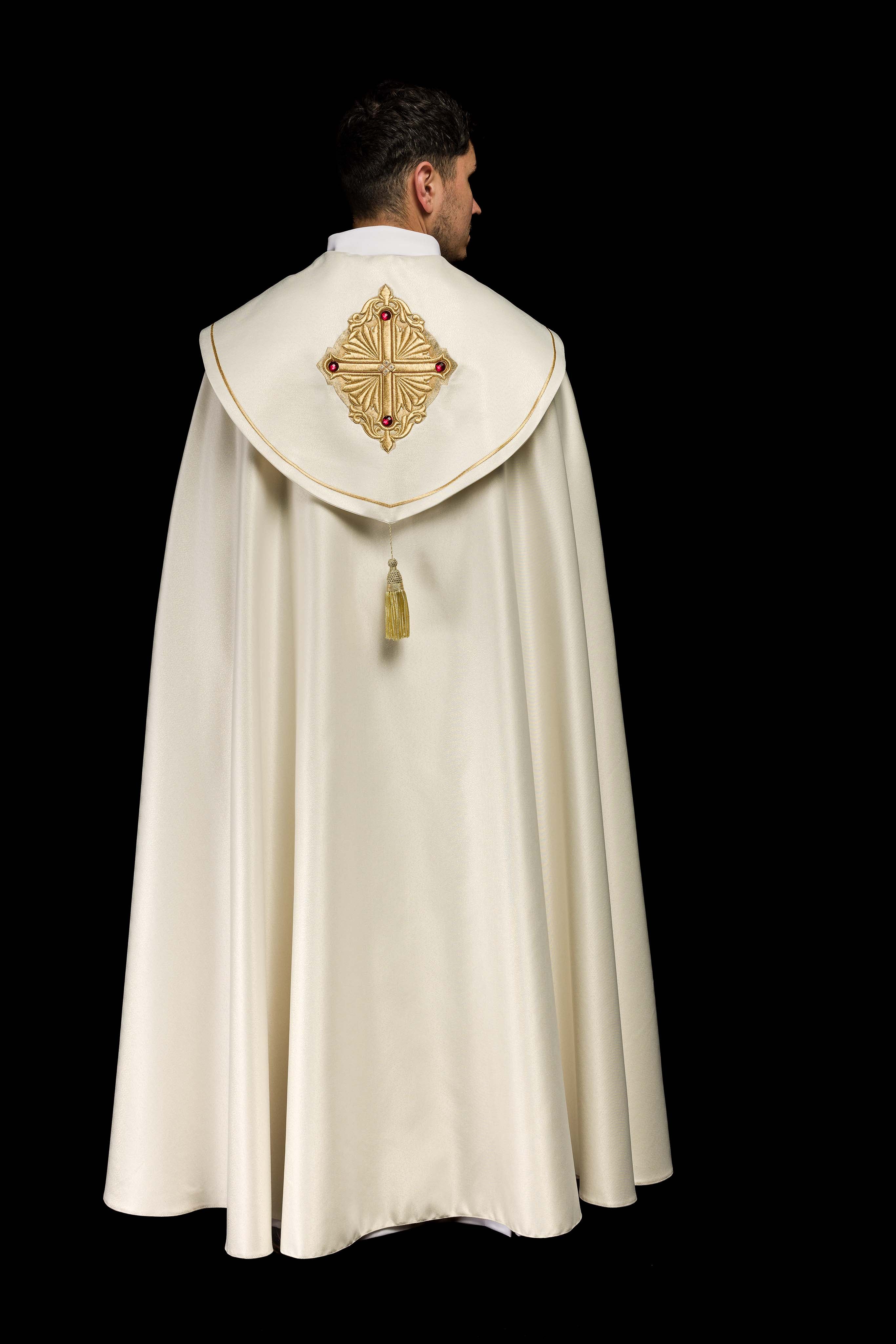 Capa pluvial oro ricamente bordado Cruz con piedras