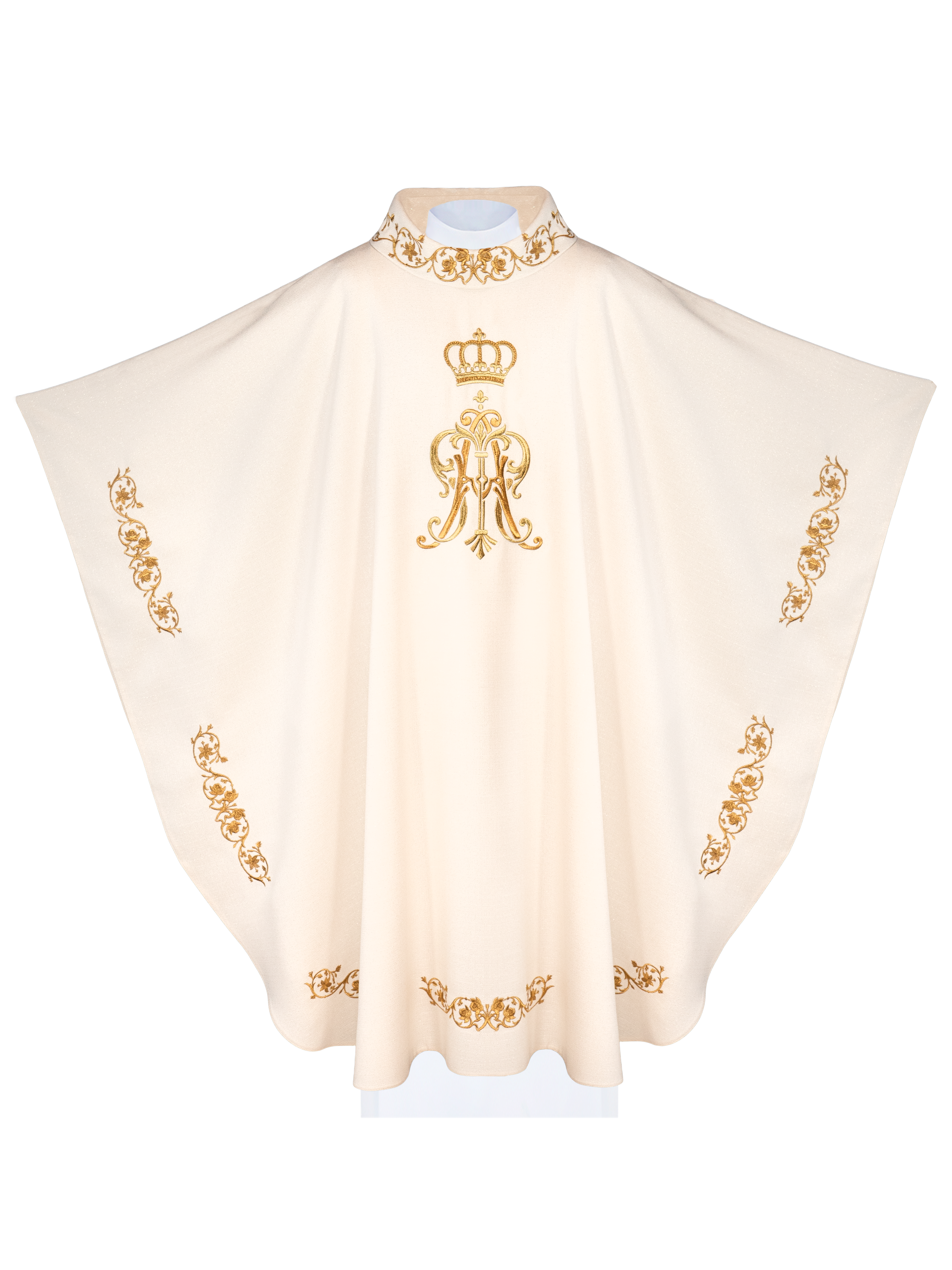 Casulla litúrgica con escudo mariano bordado y corona