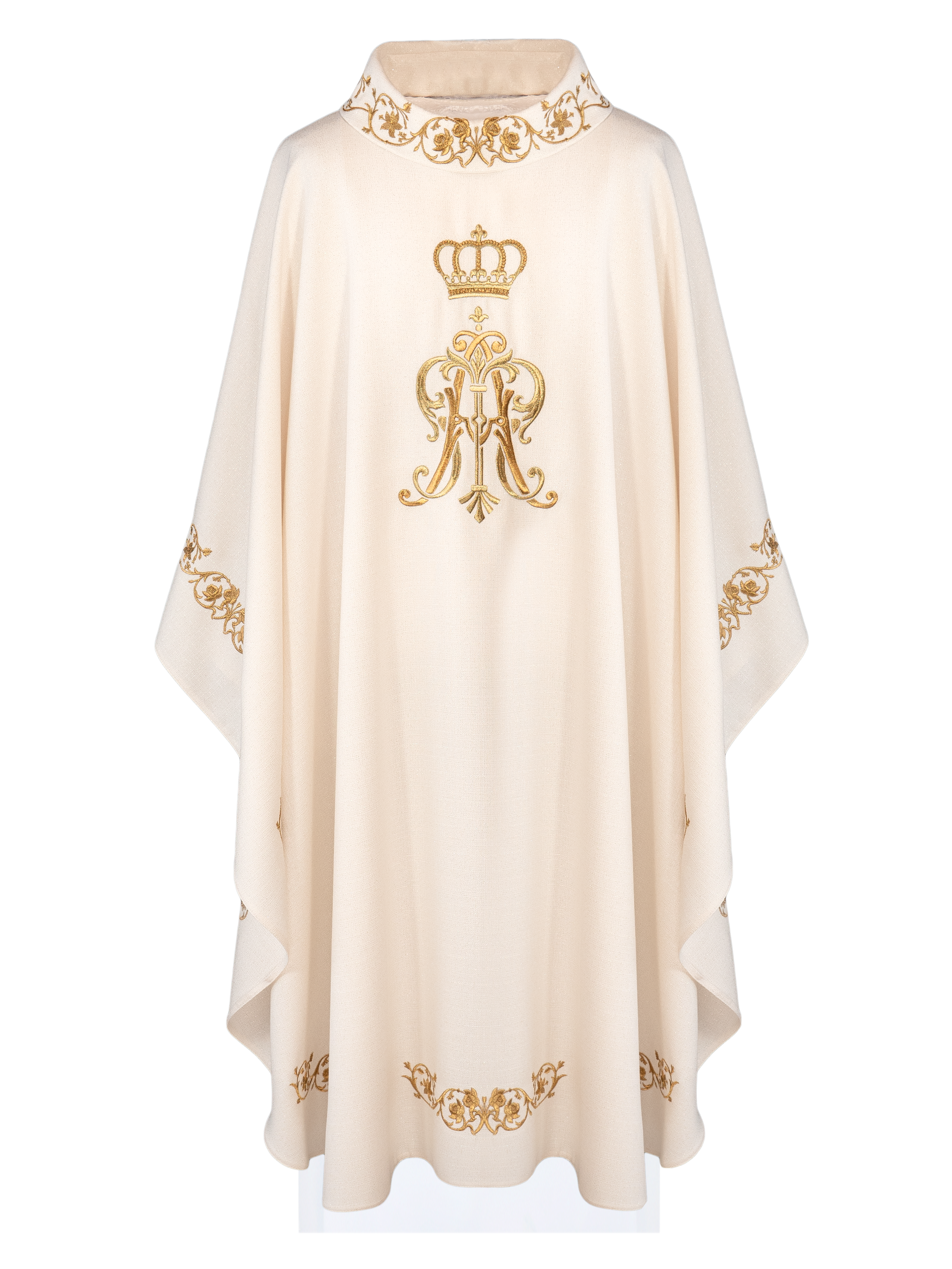 Casulla litúrgica con escudo mariano bordado y corona