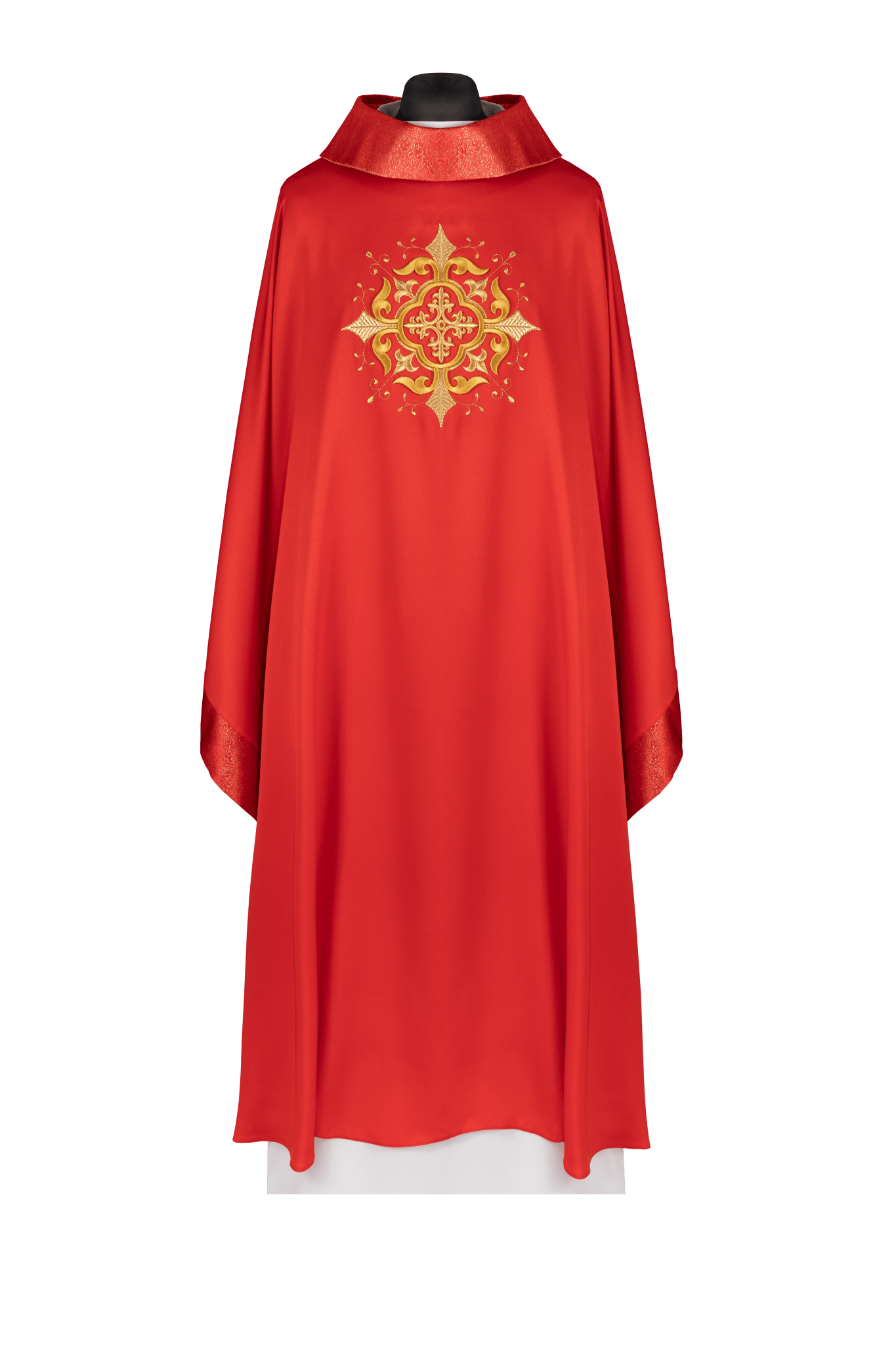Casulla litúrgica roja con motivo bordado de cruz y acabado elaborado KDT/7021/02/53 - CASULLAS.ES