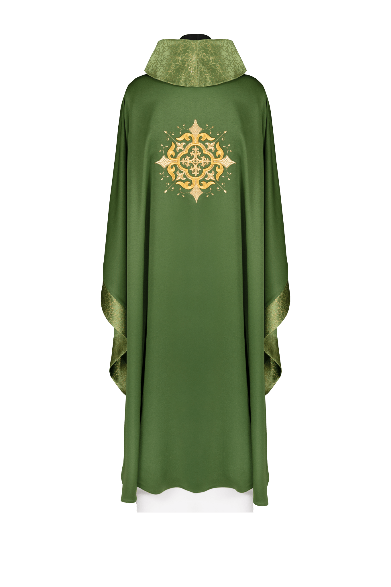 Casulla litúrgica verde con motivo bordado de cruz y acabado elaborado KDT/7021/01/53 - CASULLAS.ES