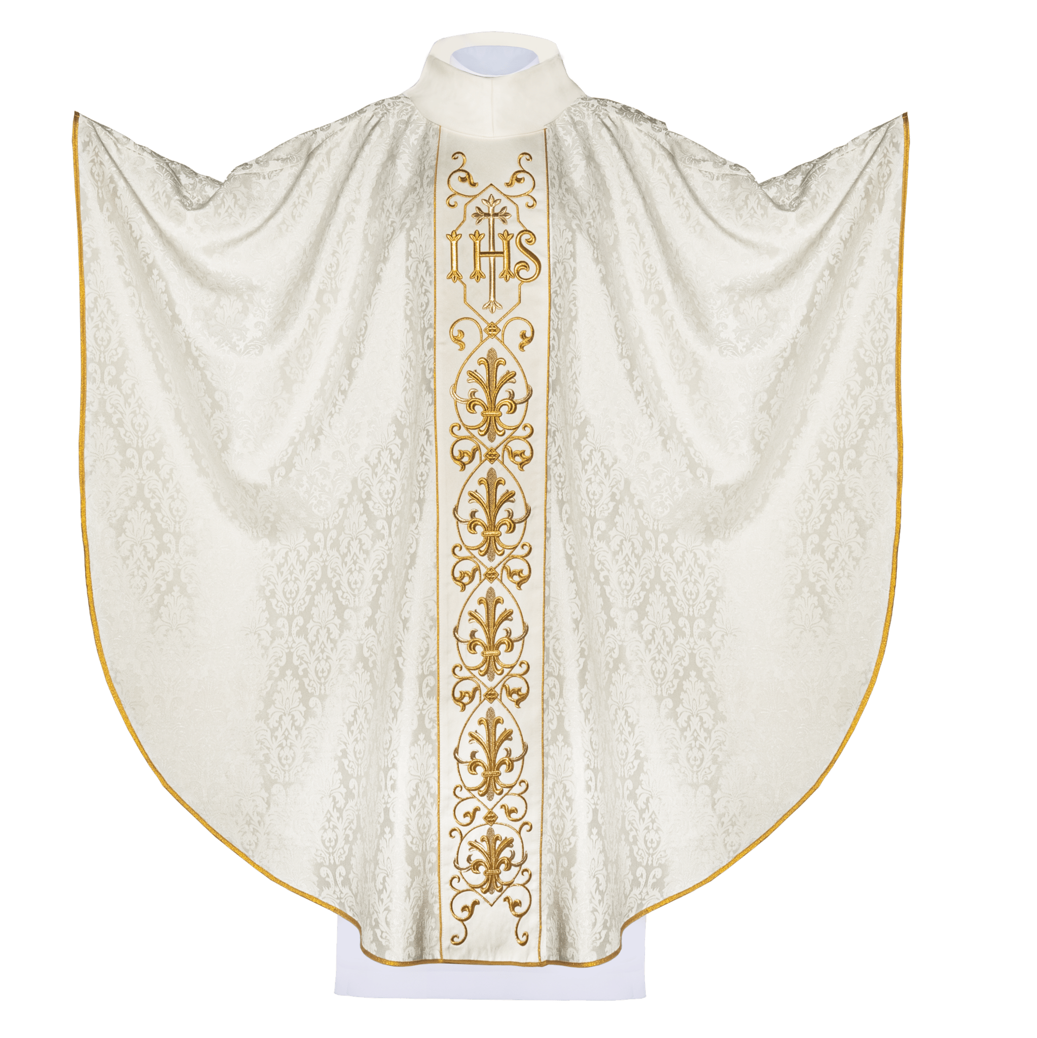 Casulla marfil con bordado IHS ; la tela decorativa KOR/268/05/67 - CASULLAS.ES
