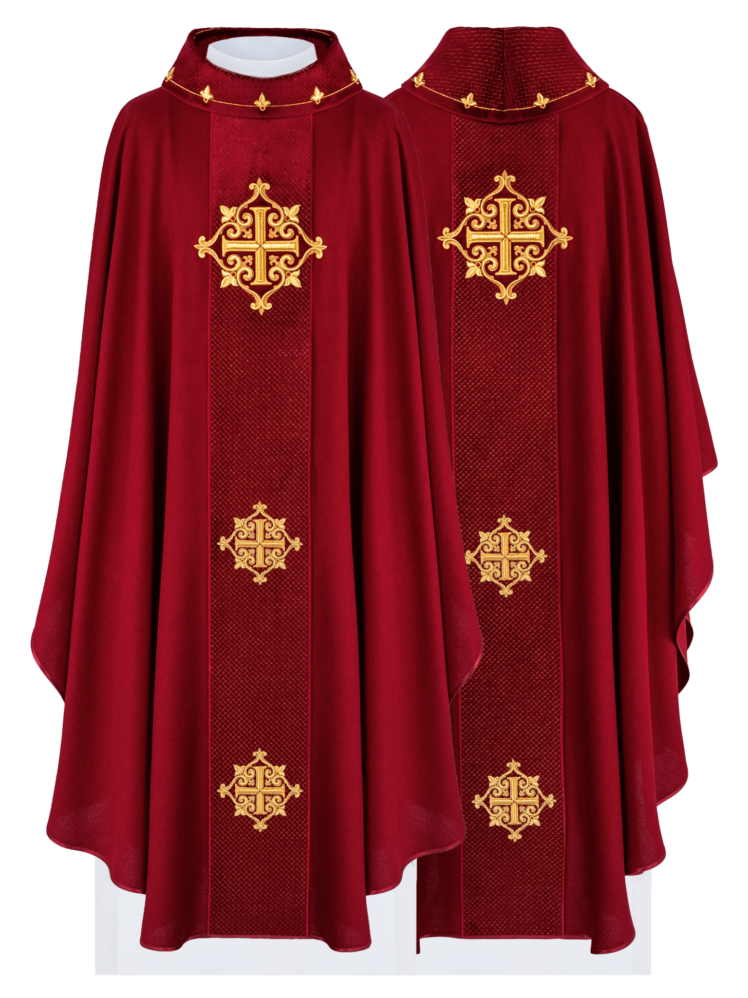 Casulla roja con galón terciopelo ricamente bordado Cruces LE/7030/02 - CASULLAS.ES