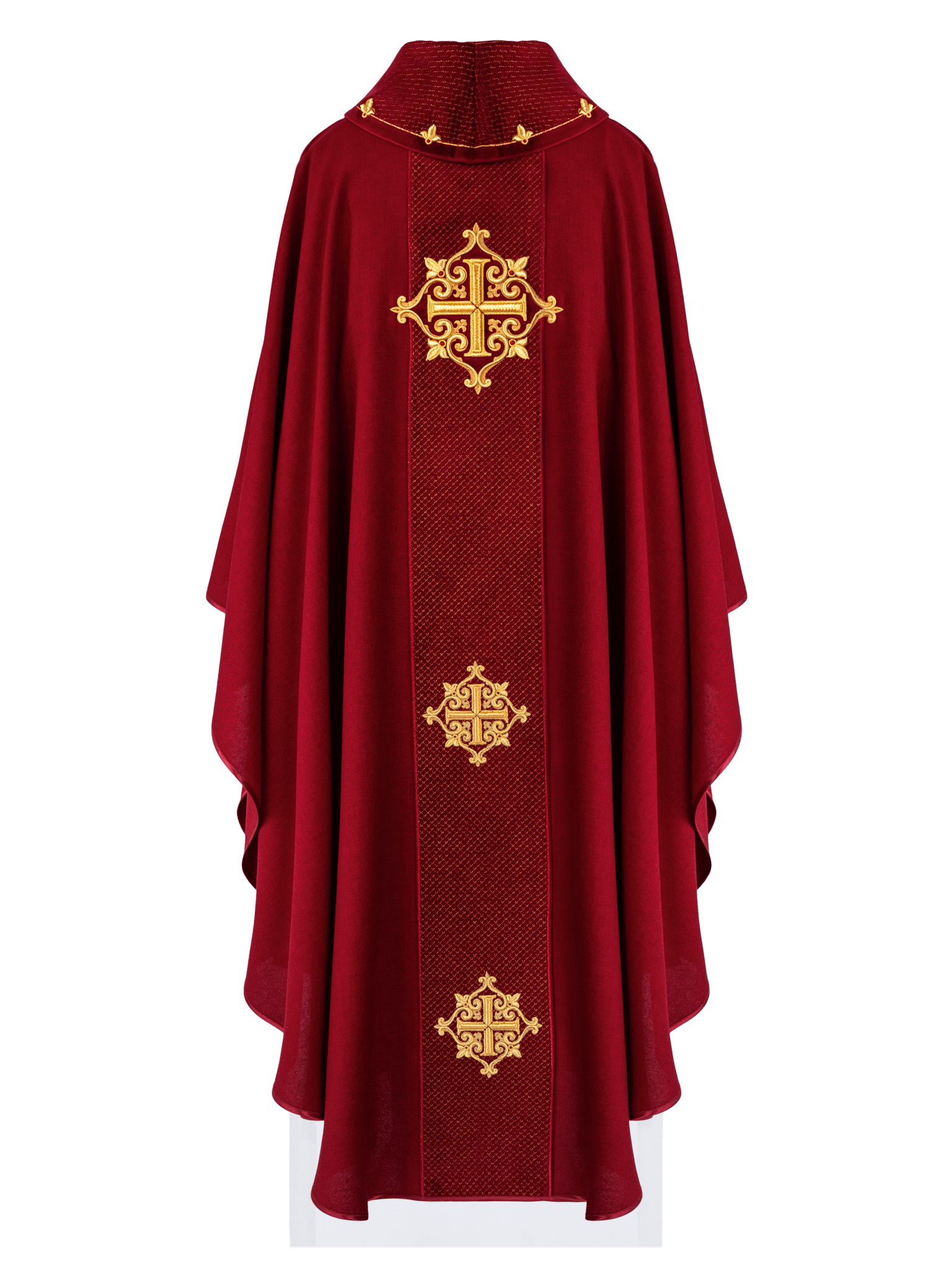 Casulla roja con galón terciopelo ricamente bordado Cruces LE/7030/02 - CASULLAS.ES