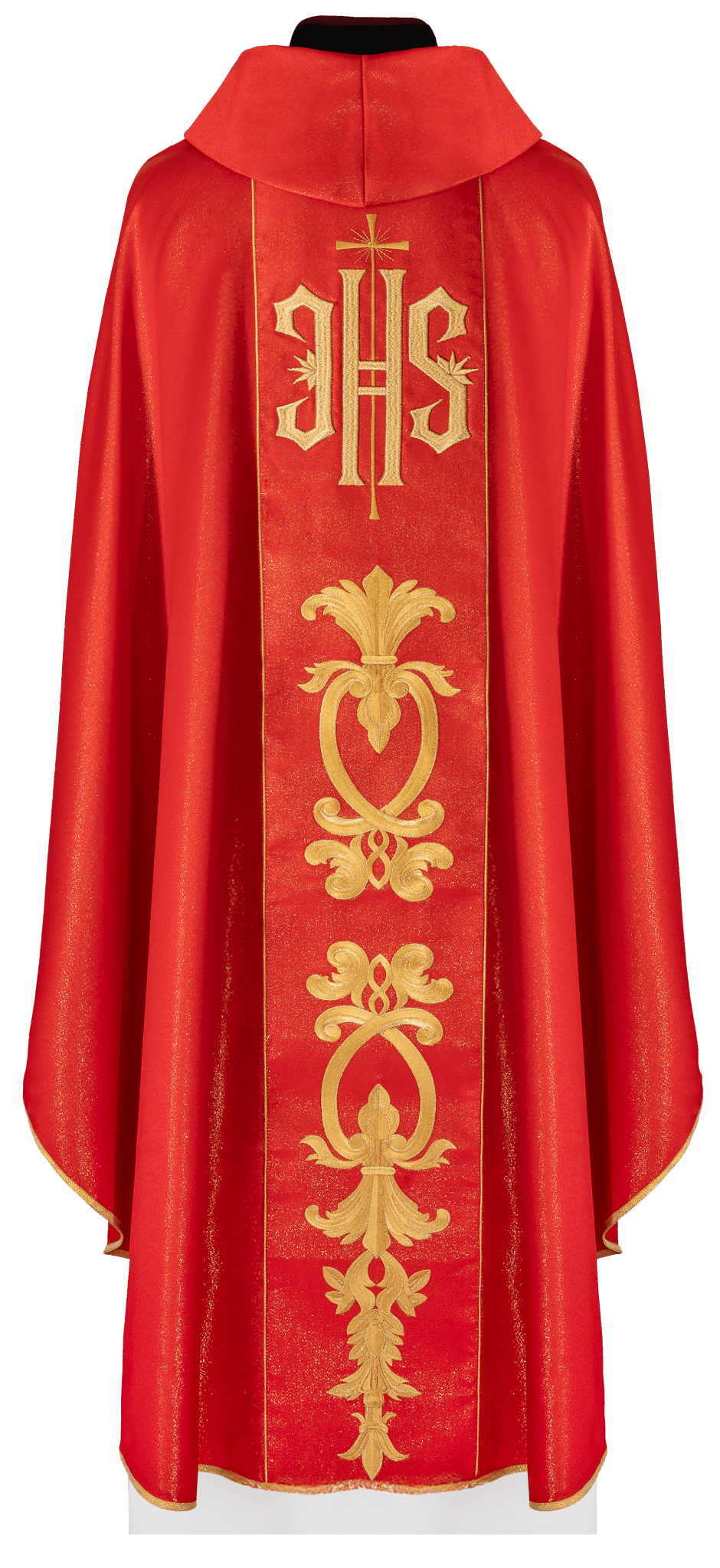 Casulla roja ricamente adornada con motivo dorado y faja ancha con símbolo IHS KDT/7001/02/54 CZERWONY - CASULLAS.ES