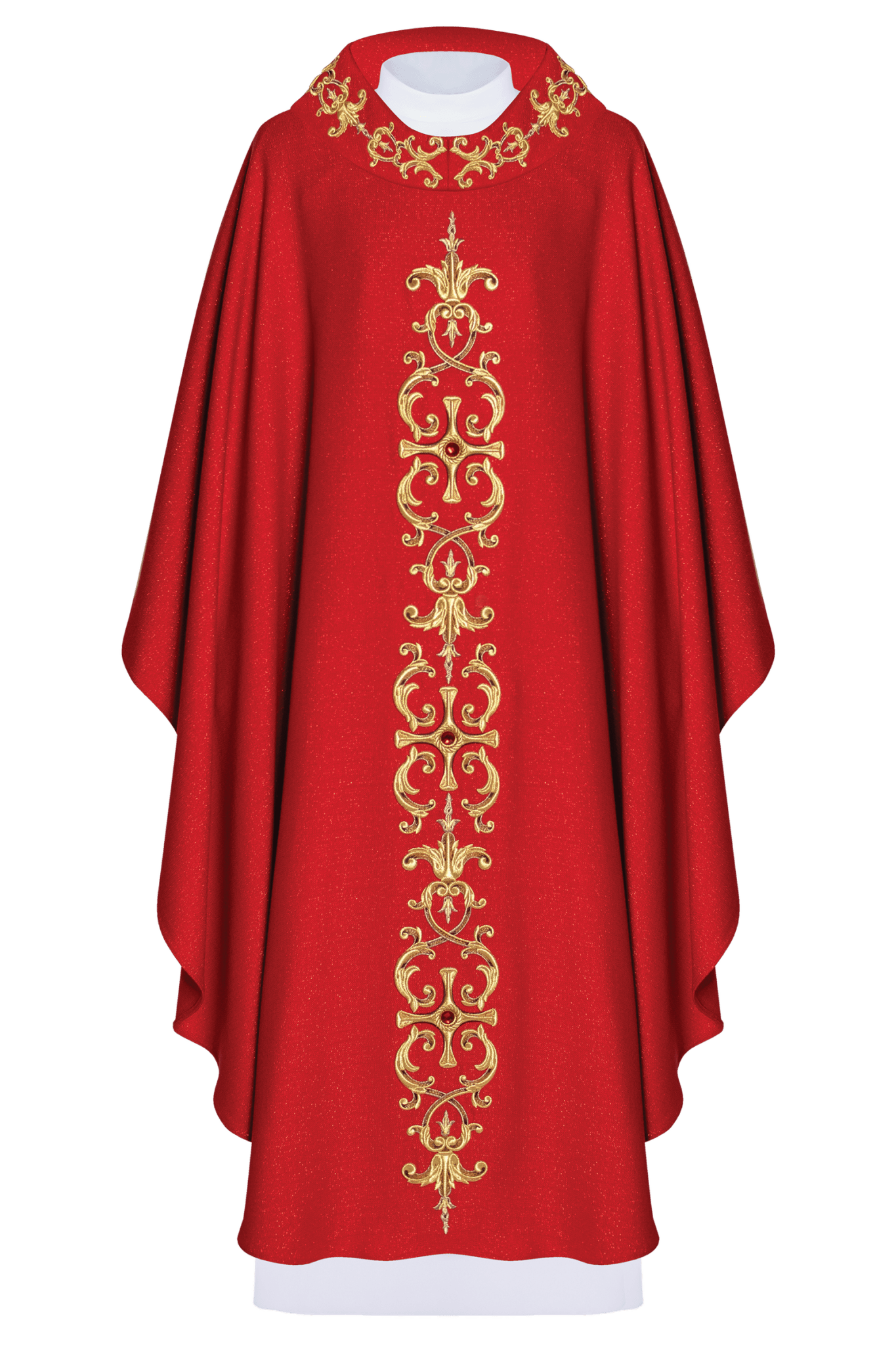 Casulla roja ricamente bordada y decorada con piedras LE/7014/02 - CASULLAS.ES