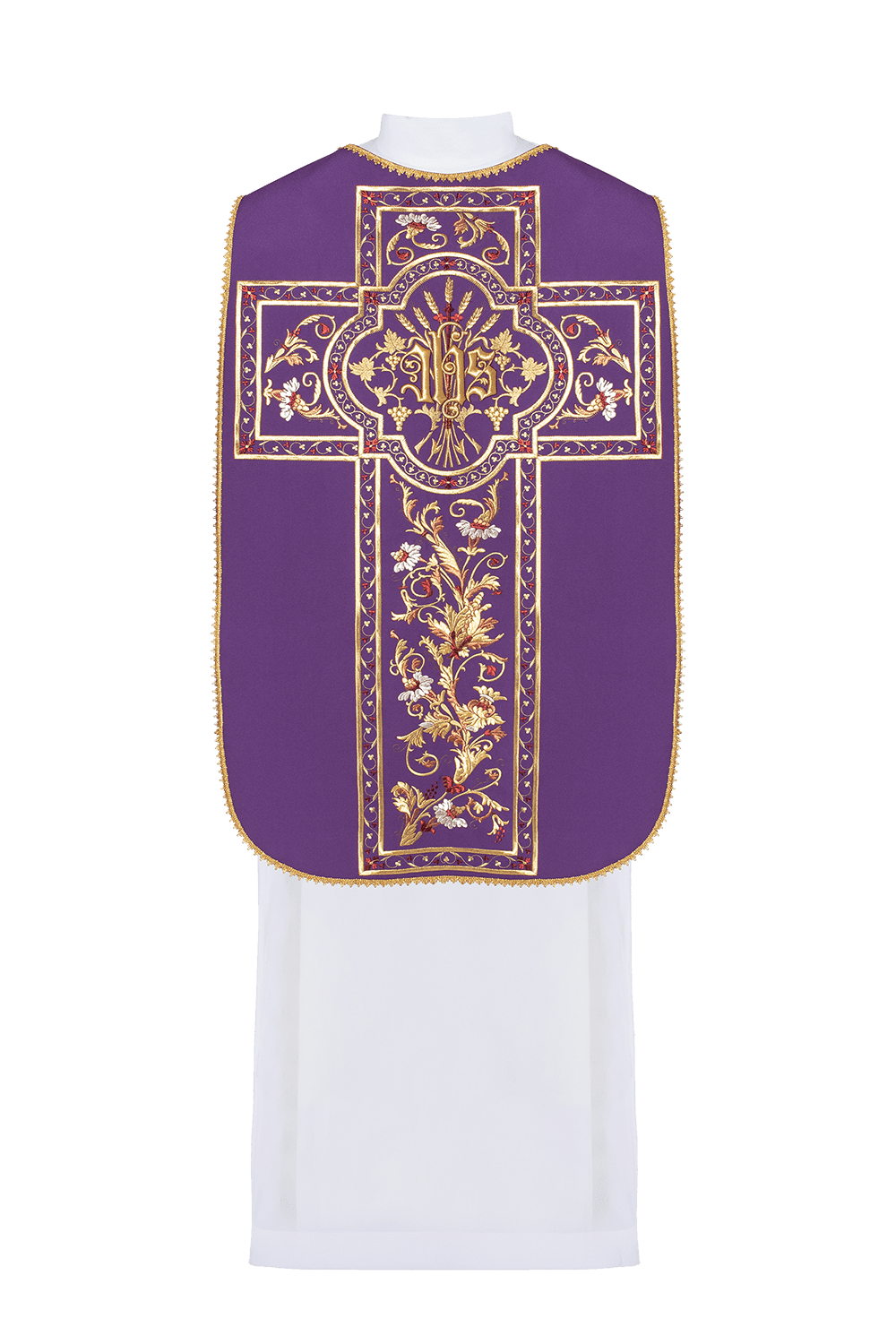 Casulla romana morada bordada con motivo IHS KOR/200/03/01 FIOLET - CASULLAS.ES