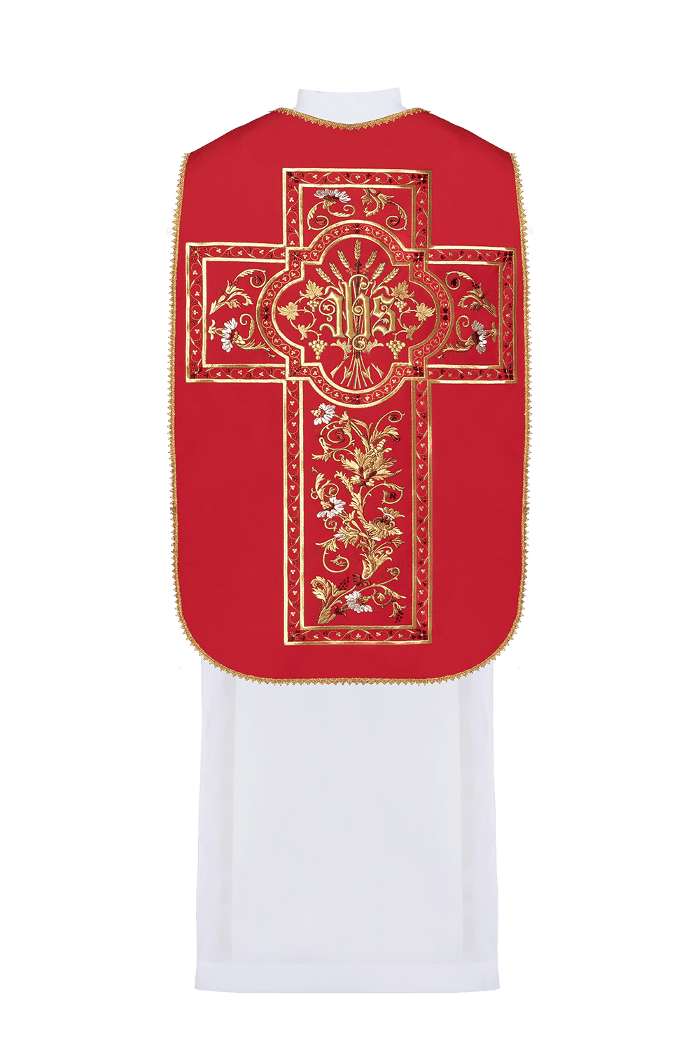 Casulla romana roja bordada con motivo IHS KOR/200/02/01 CZERWONY - CASULLAS.ES