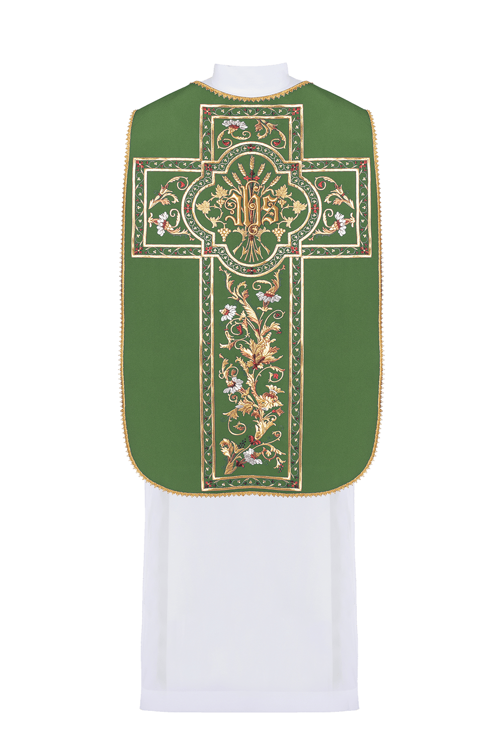 Casulla romana verde bordada con motivo IHS KOR/200/01/01 ZIELONY - CASULLAS.ES