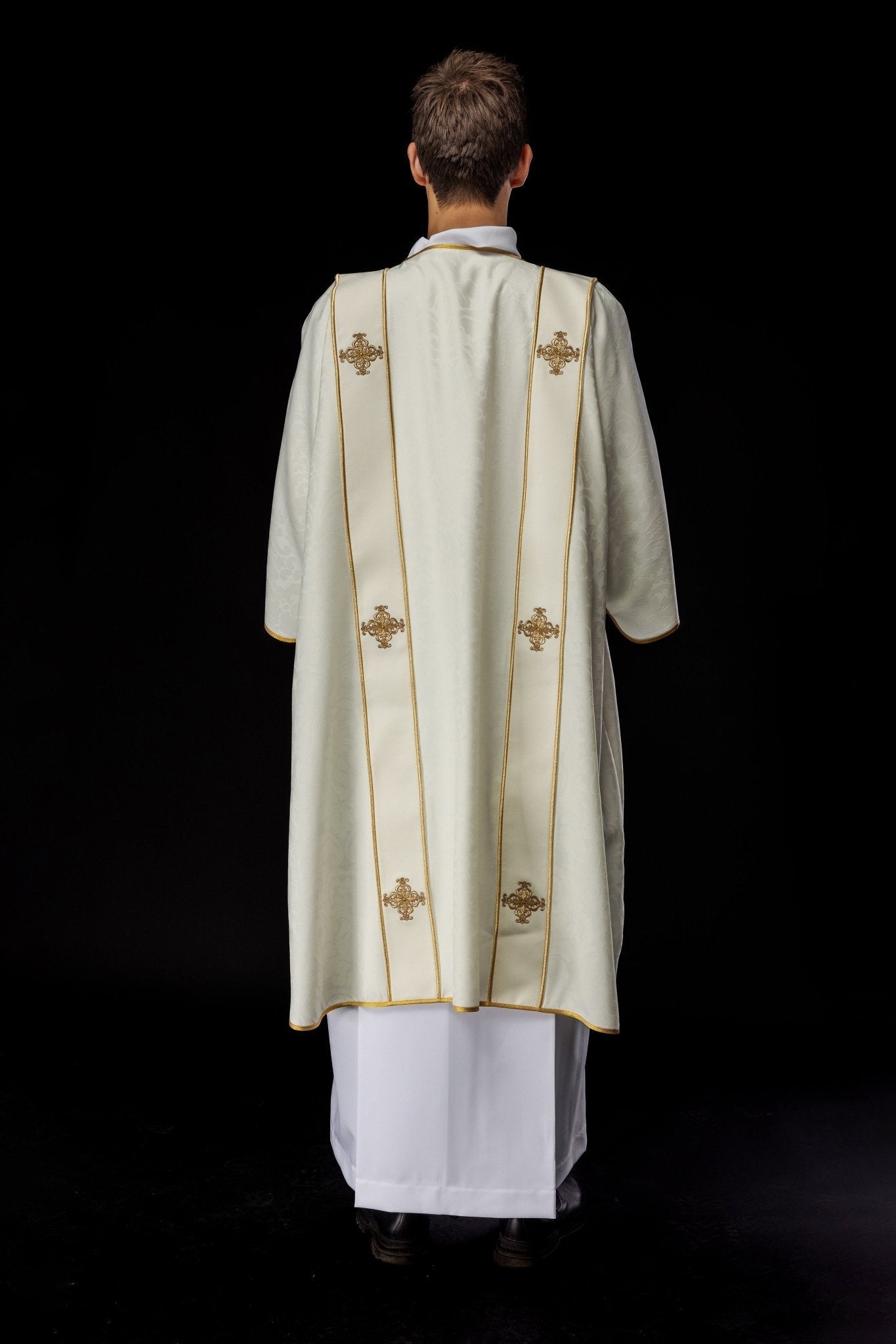 Dálmata con rayas y cruces doradas bordadas sobre jacquard crudo KDL/284/05/81/B - CASULLAS.ES