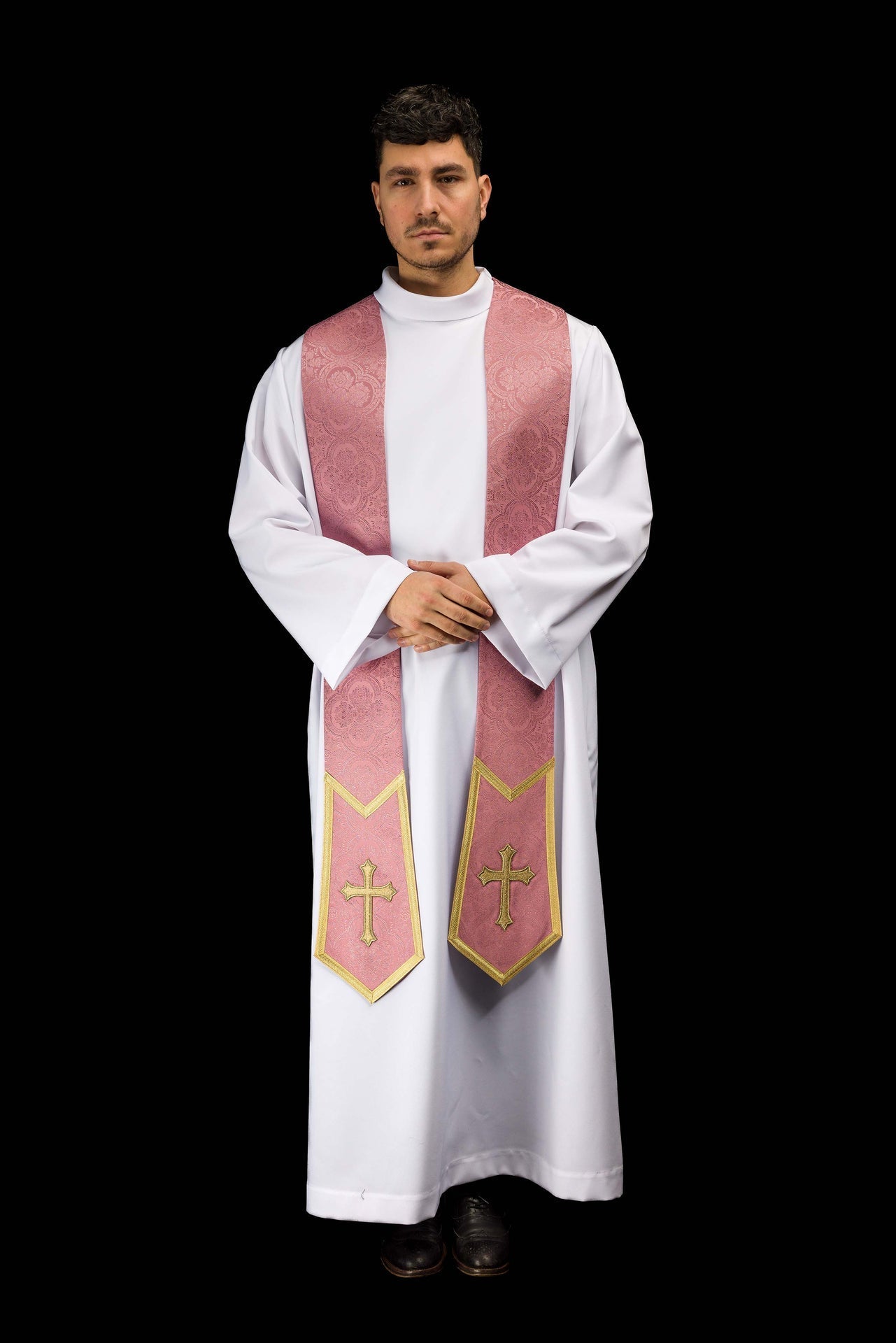 Estola bordada con motivo de Cruz en tejido jacquard rosa KST/639/08/11 - CASULLAS.ES
