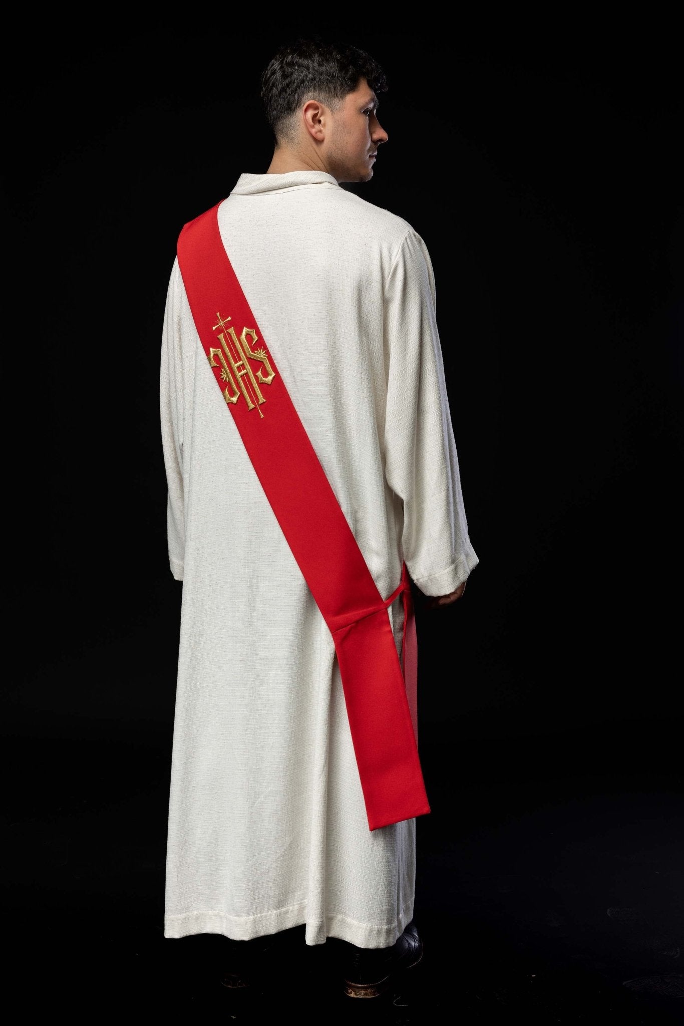 Estola diaconal roja con bordado IHS y Cruz KSD/135/02/01 CZERWONY - CASULLAS.ES