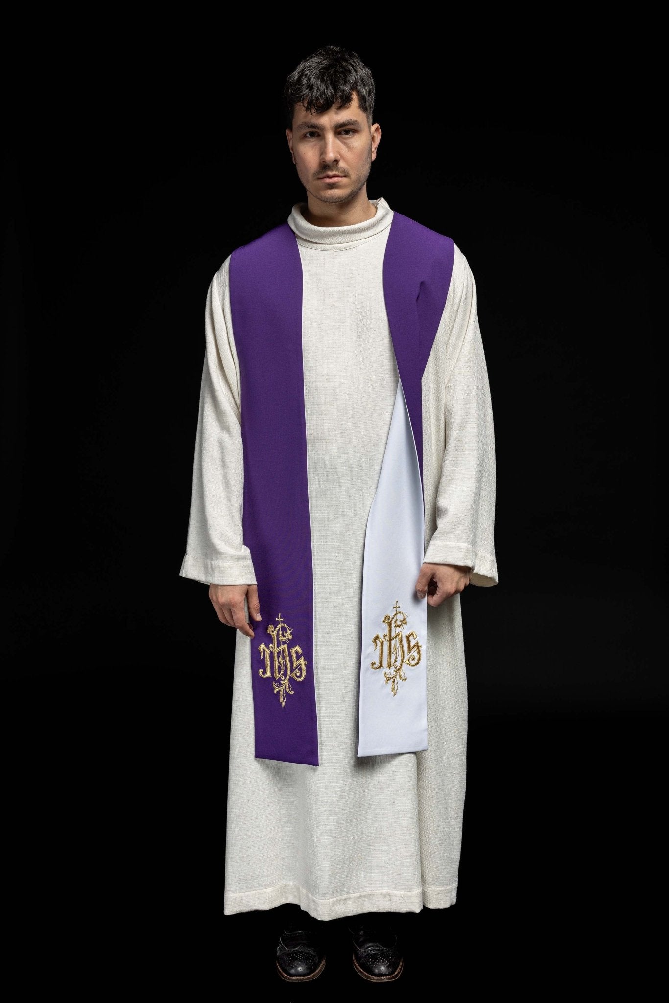 Estola reversible morada - blanca bordado IHS KST/053/03 - 04/01 FIOLET - BIAŁY - CASULLAS.ES