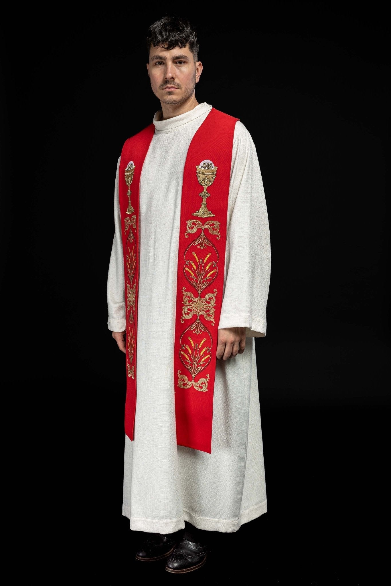 Estola roja con bordado Cáliz e IHS KST/042/02/01 CZERWONY - CASULLAS.ES