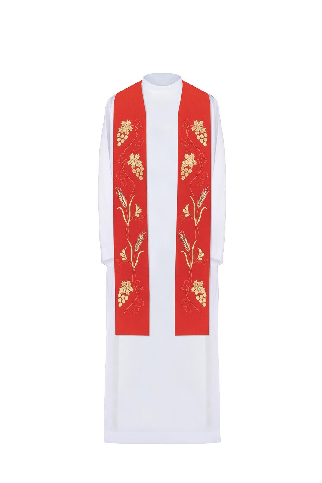 Estola roja con ricos bordados de uvas y espigas KST/001/02/01 CZERWONY - CASULLAS.ES