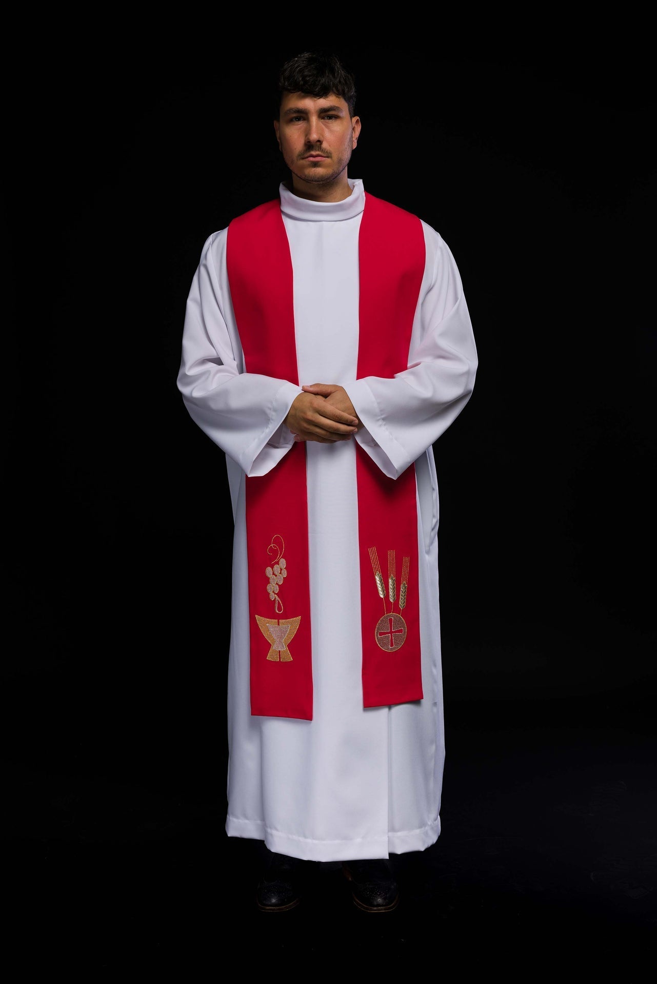 Estola sacerdotal roja bordada con cáliz espigas y uvas KST/009/02/01 CZERWONY - CASULLAS.ES
