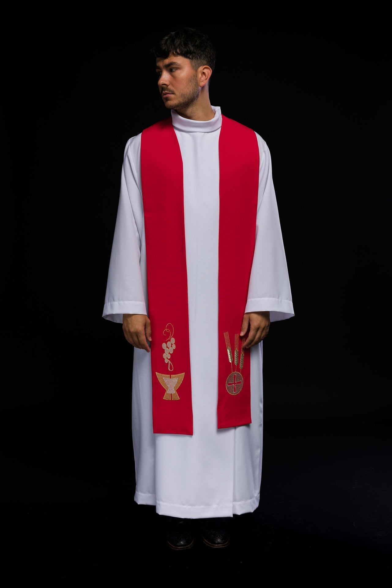 Estola sacerdotal roja bordada con cáliz espigas y uvas KST/009/02/01 CZERWONY - CASULLAS.ES