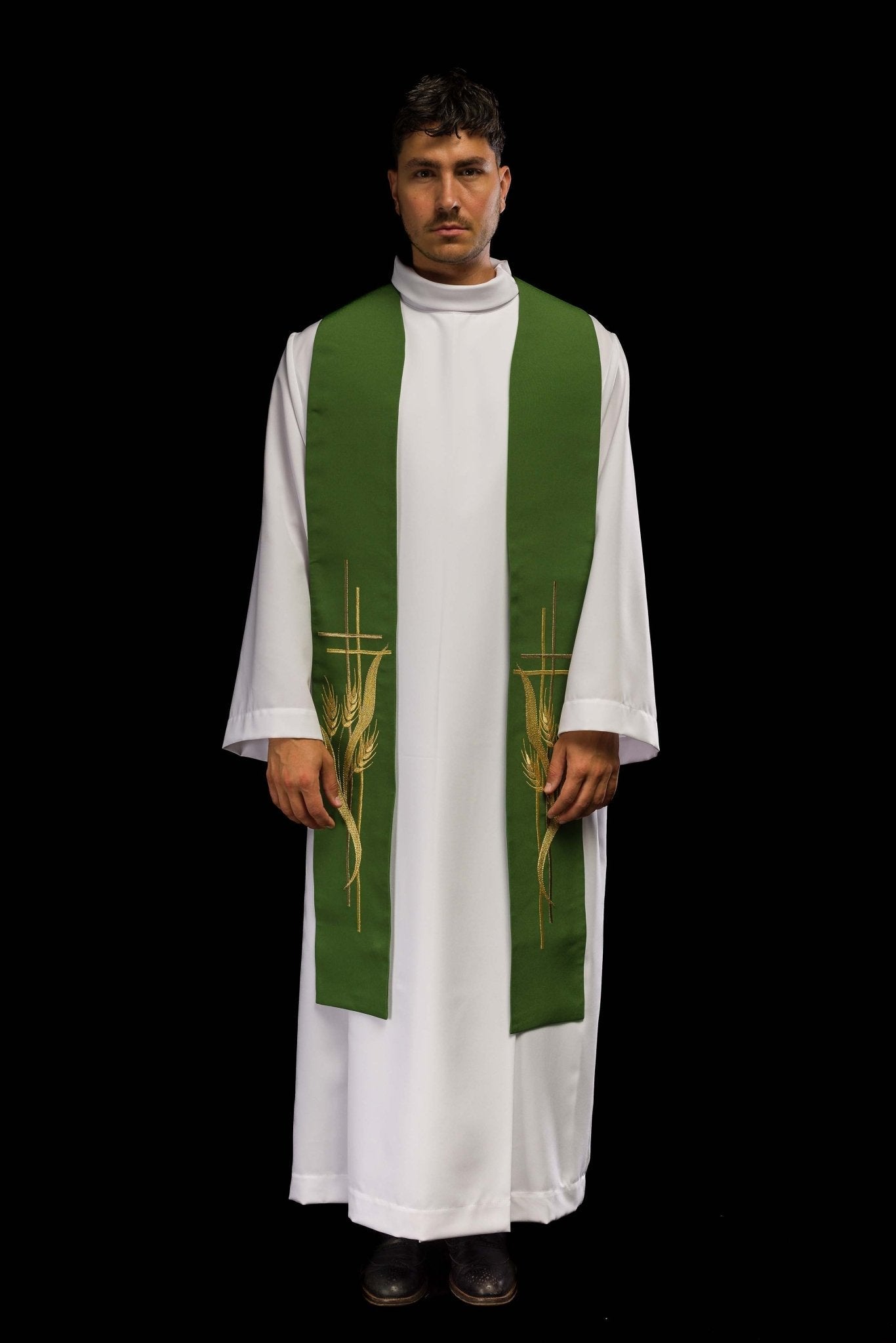 Estola verde con bordado Cruz y Espigas KST/083/01/01 ZIELONY - CASULLAS.ES