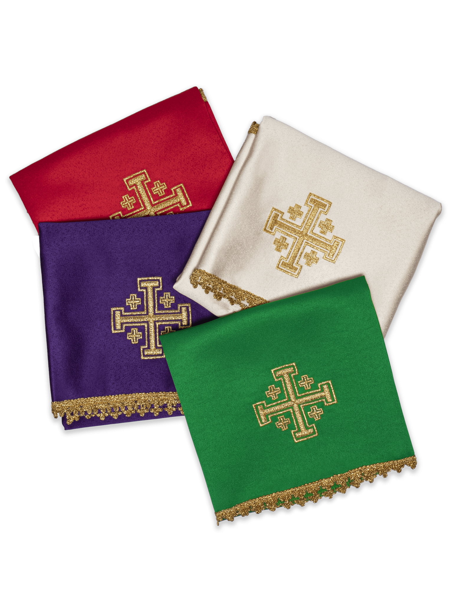 Juego 4 piezas cubre cáliz con bordado Cruz de Jerusalén - cuatro colores KWB/006/20 50X50 (4szt.) - CASULLAS.ES