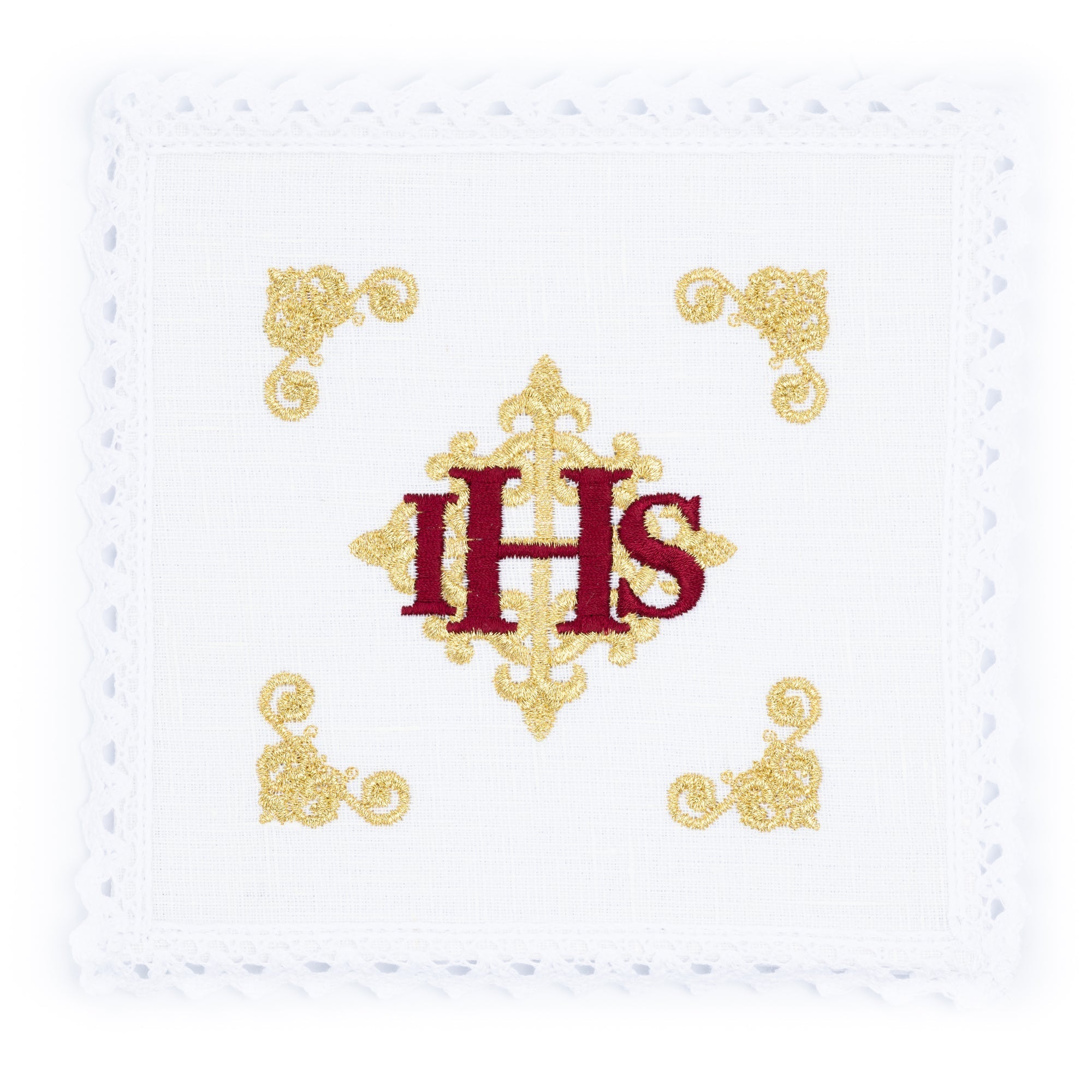 Juego de altar lino con IHS rojo bordado KKL/157 - CASULLAS.ES