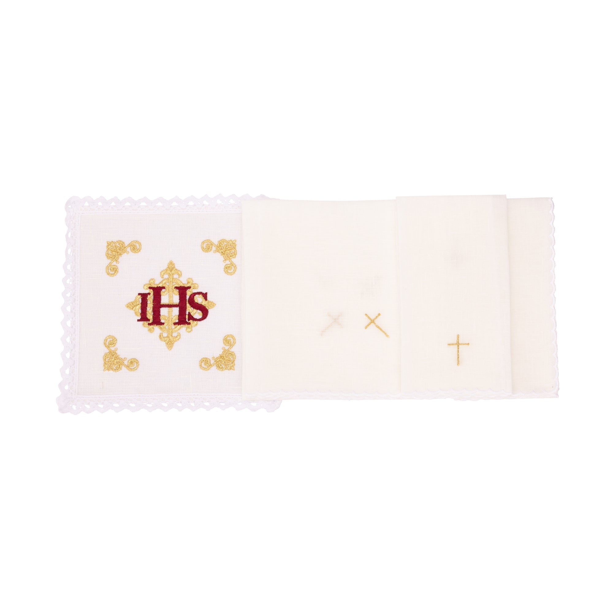 Juego de altar lino con IHS rojo bordado KKL/157 - CASULLAS.ES