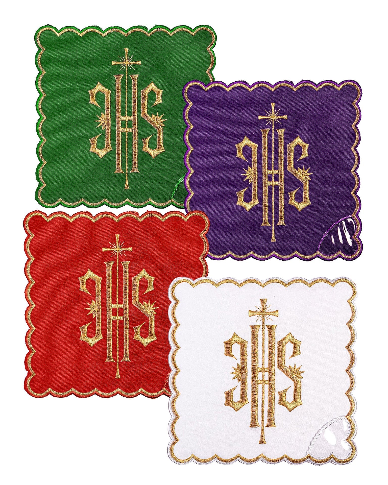 Juego de palias con el símbolo IHS en cuatro colores litúrgicos KPA4/029 18*18 - CASULLAS.ES