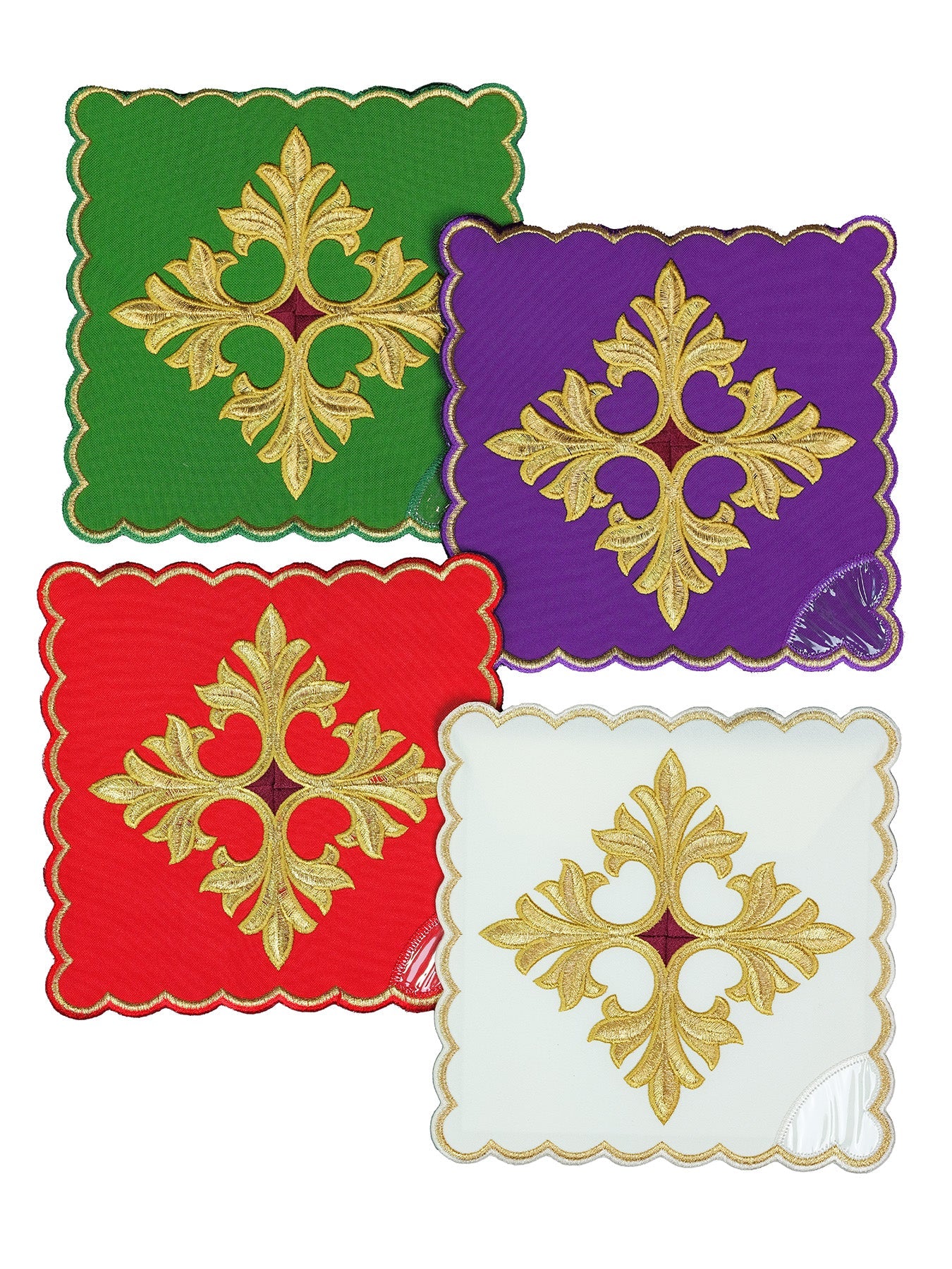Conjunto de palias de cáliz con símbolo de la cruz en cuatro colores litúrgicos
