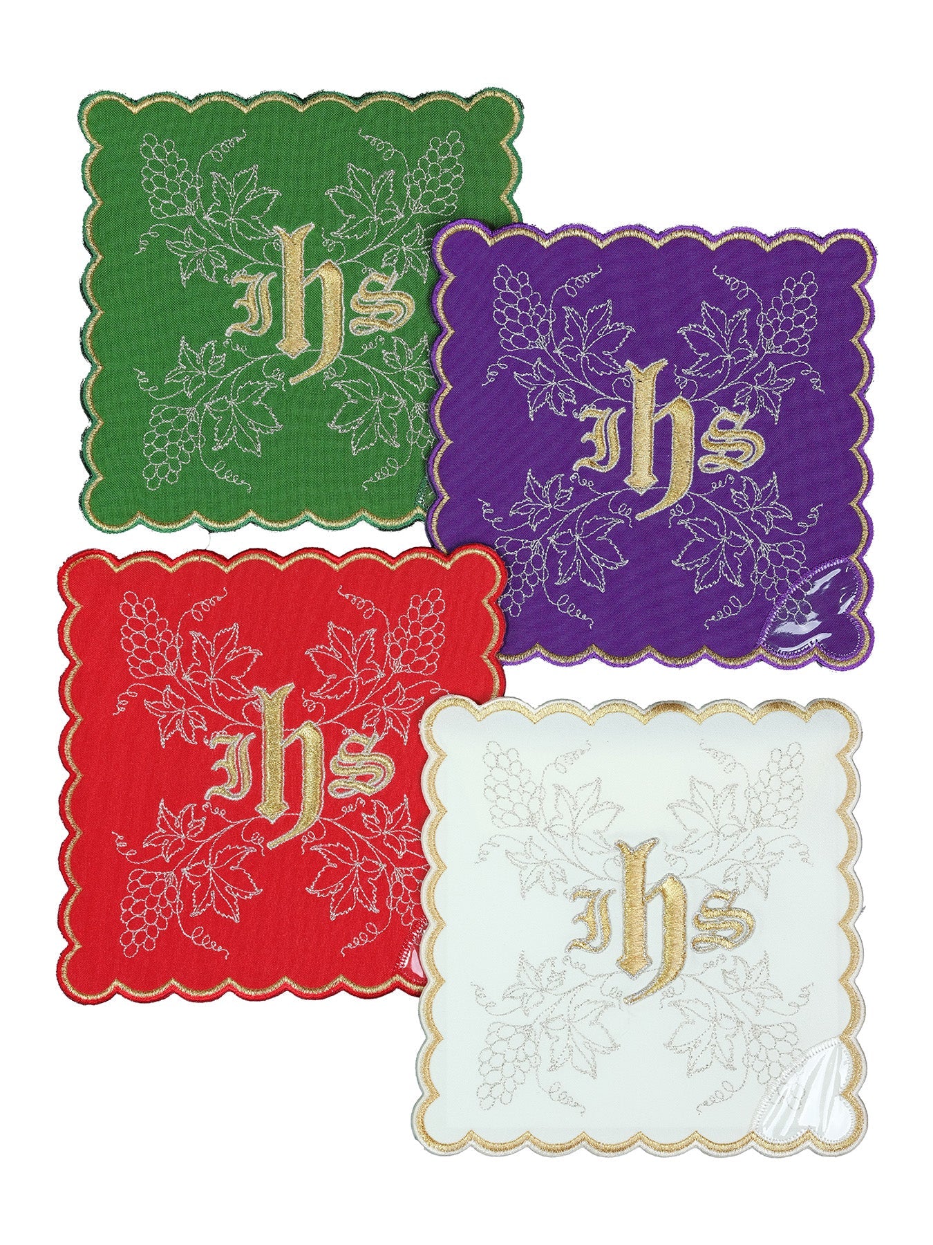 Conjunto de palias de cáliz con el símbolo IHS en cuatro colores litúrgicos