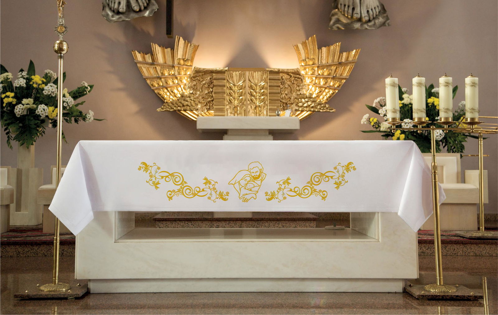 Mantel de altar bordado con la imagen de la Sagrada Familia KOH/025 150*300 BIAŁY - CASULLAS.ES