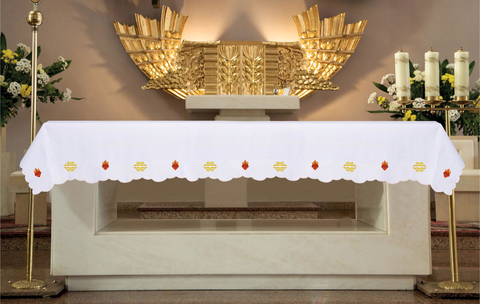 Mantel de altar con bordado frontal del Sagrado Corazón de Jesús KOO/220 150*300 BIAŁY (obszywany) - CASULLAS.ES