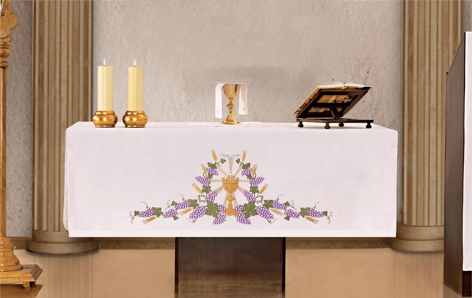 Mantel de altar con bordado frontal en motivo de cáliz KOH/006 150*300 BIAŁY - CASULLAS.ES