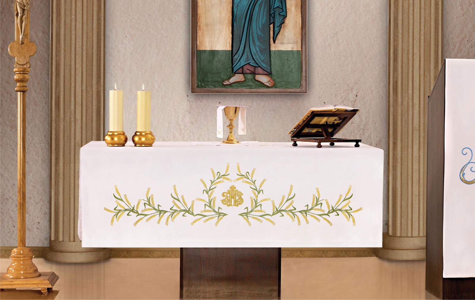 Mantel de altar con bordado frontal en motivo de espigas KOH/004 150*300 BIAŁY - CASULLAS.ES