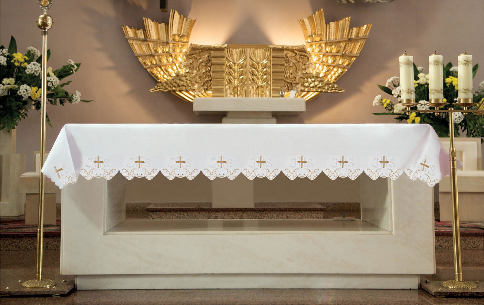 Mantel de altar con bordado frontal IHS y cruz KOO/058 150*300 BIAŁY (obszywany) - CASULLAS.ES