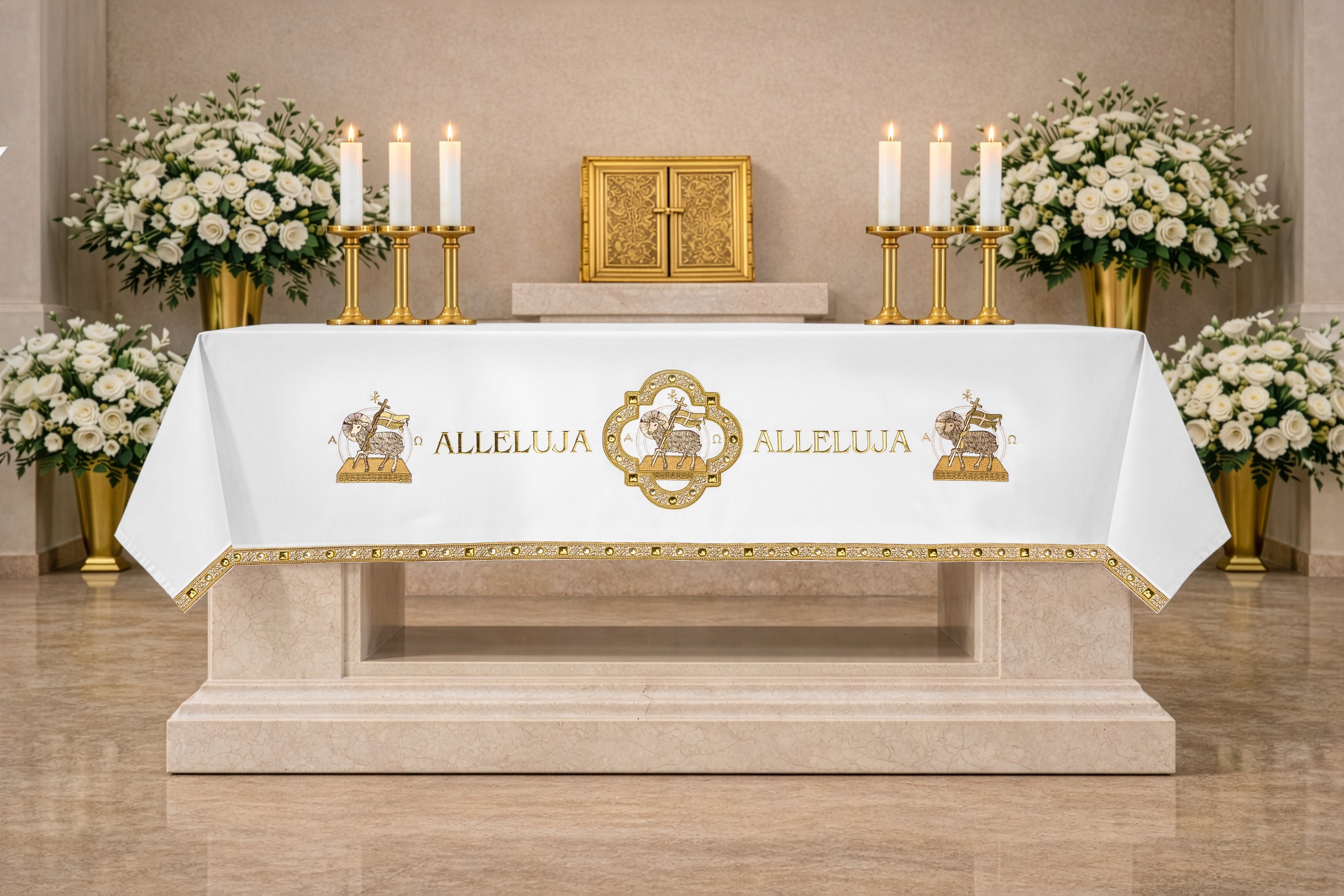 Mantel de altar para Pascua con bordado del Cordero
