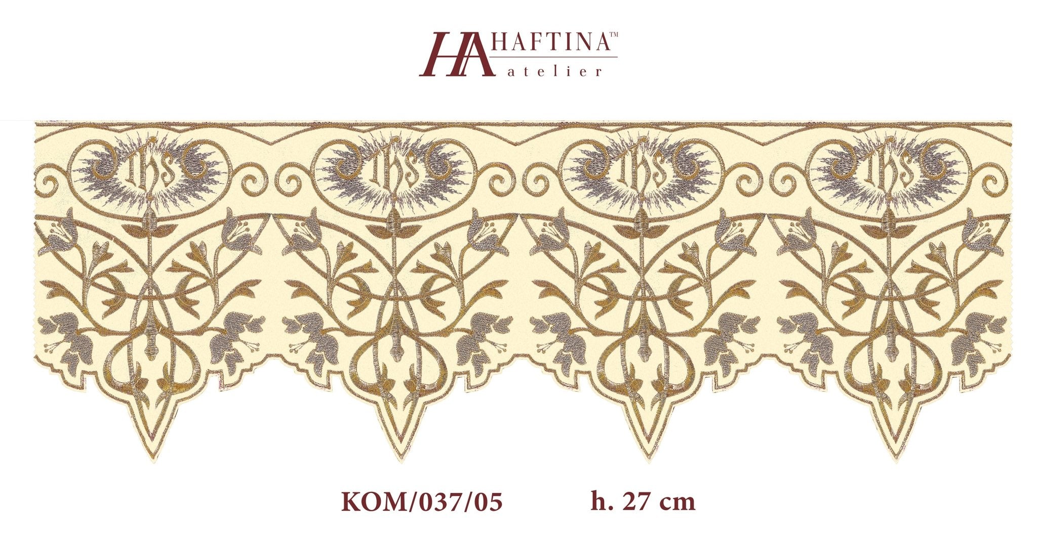 Puntilla de altar con bordado IHS - marfil KOM/037/05 27cm 3,5m - CASULLAS.ES