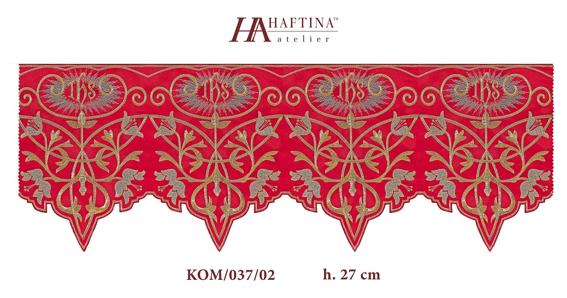 Puntilla de altar con bordado IHS - rojo KOM/037/02 27cm 3,5m - CASULLAS.ES