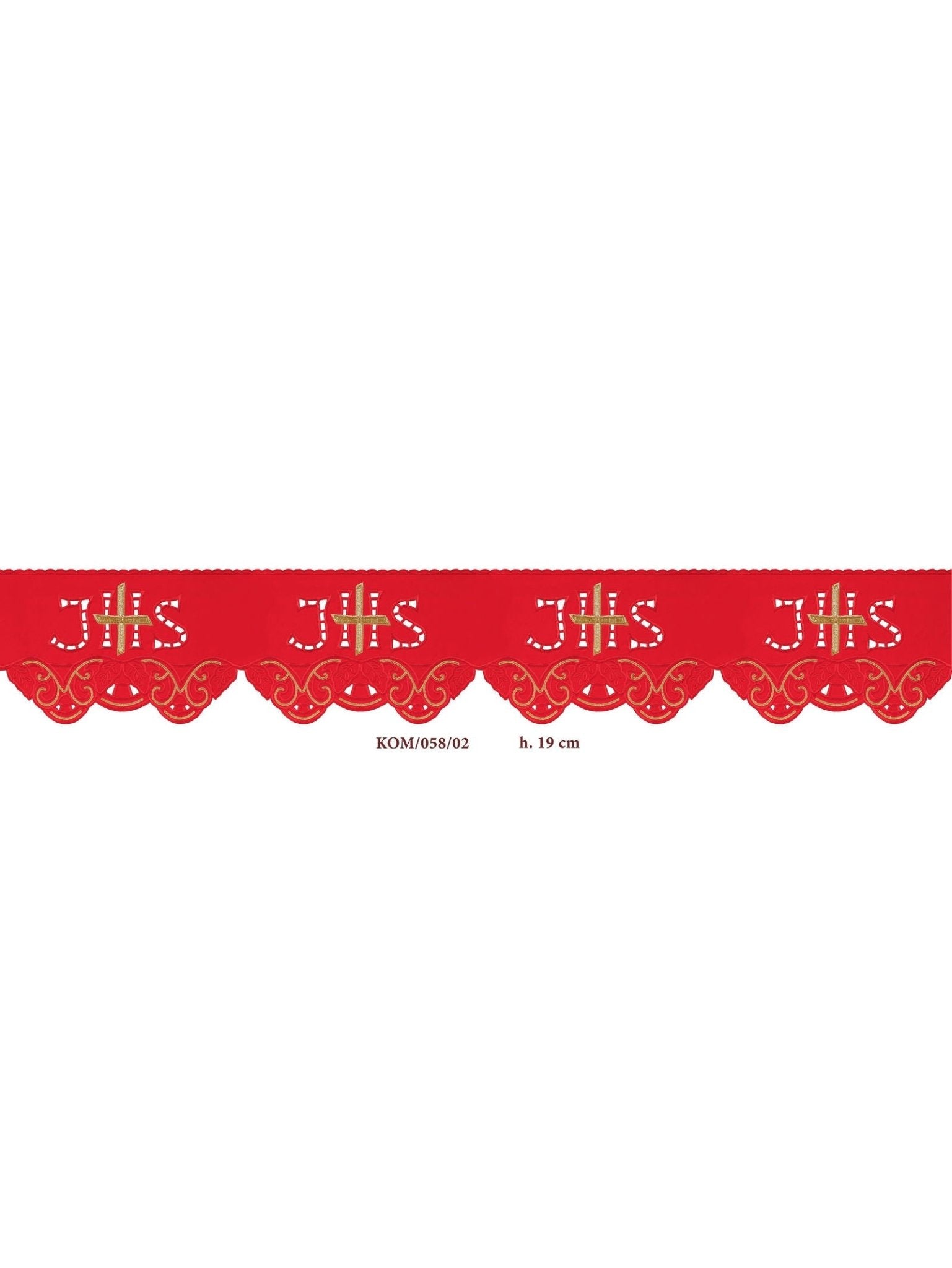 Puntilla de altar con bordado IHS y Cruz - rojo KOM/058/02 19cm 3,5m - CASULLAS.ES