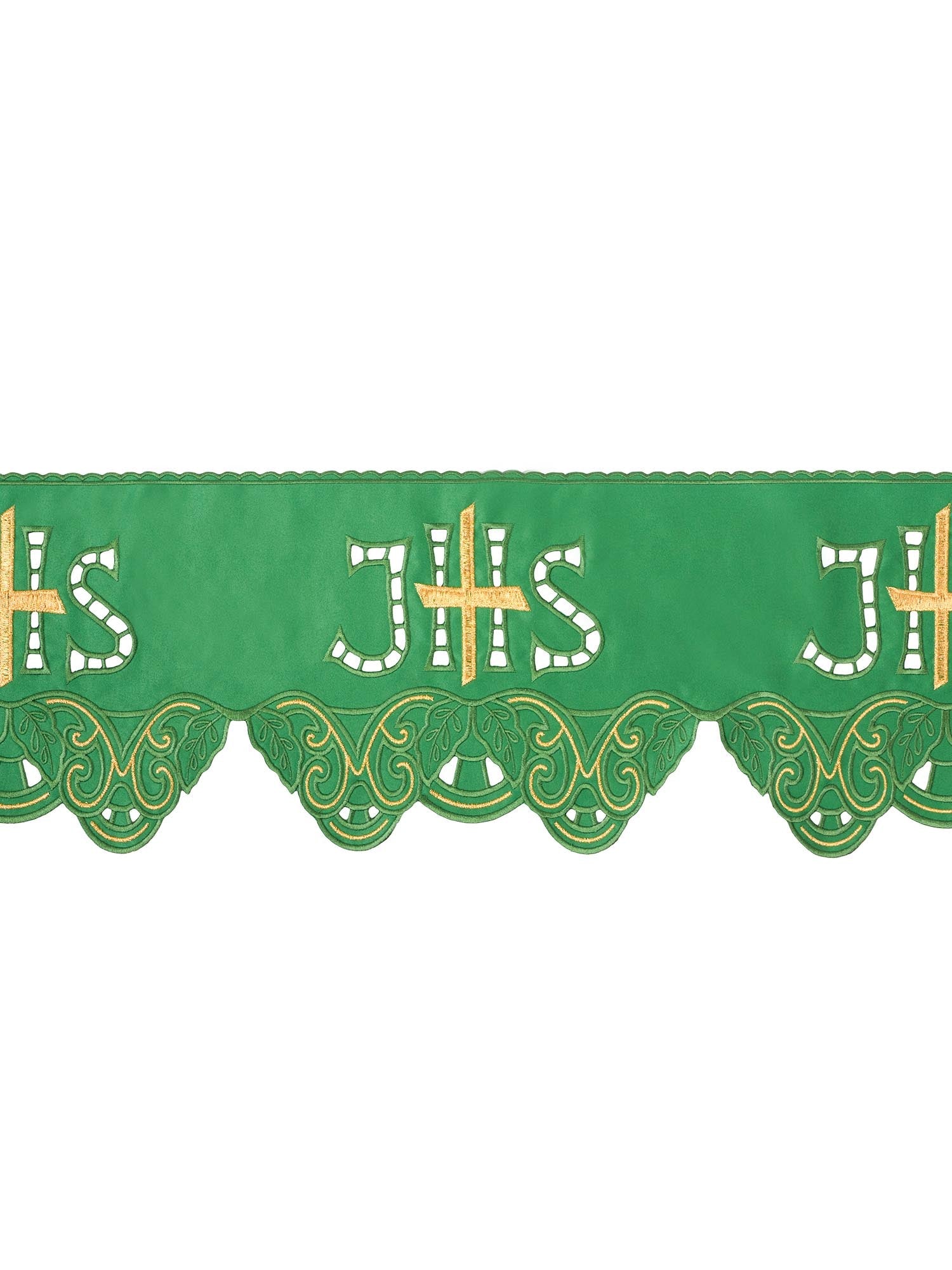 Puntilla de altar con bordado IHS y Cruz - verde KOM/058/01 19cm 3,5m - CASULLAS.ES