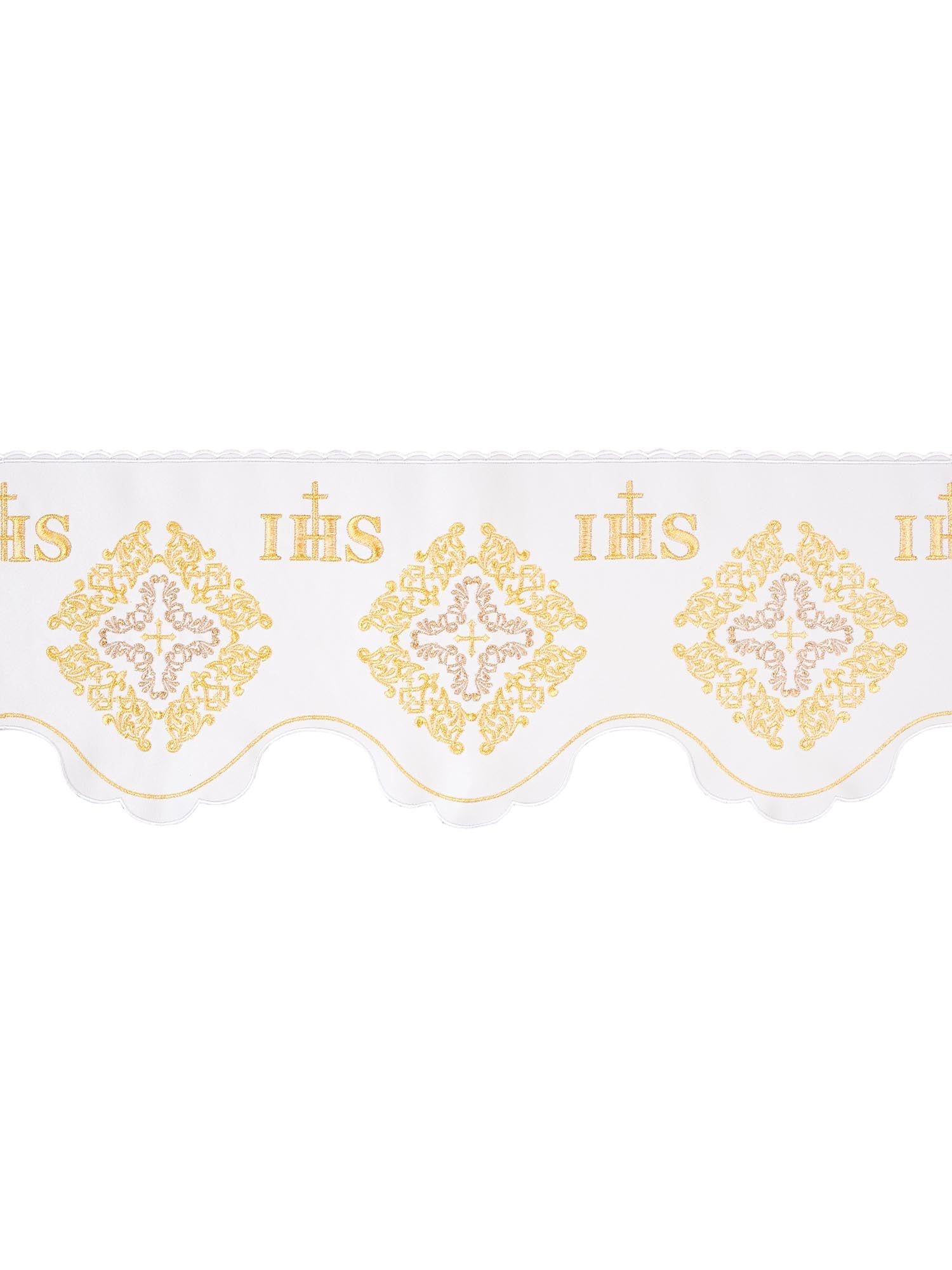 Puntilla de altar con bordado IHS y Rosetón - blanco KOM/061/04 19cm 3,5m - CASULLAS.ES