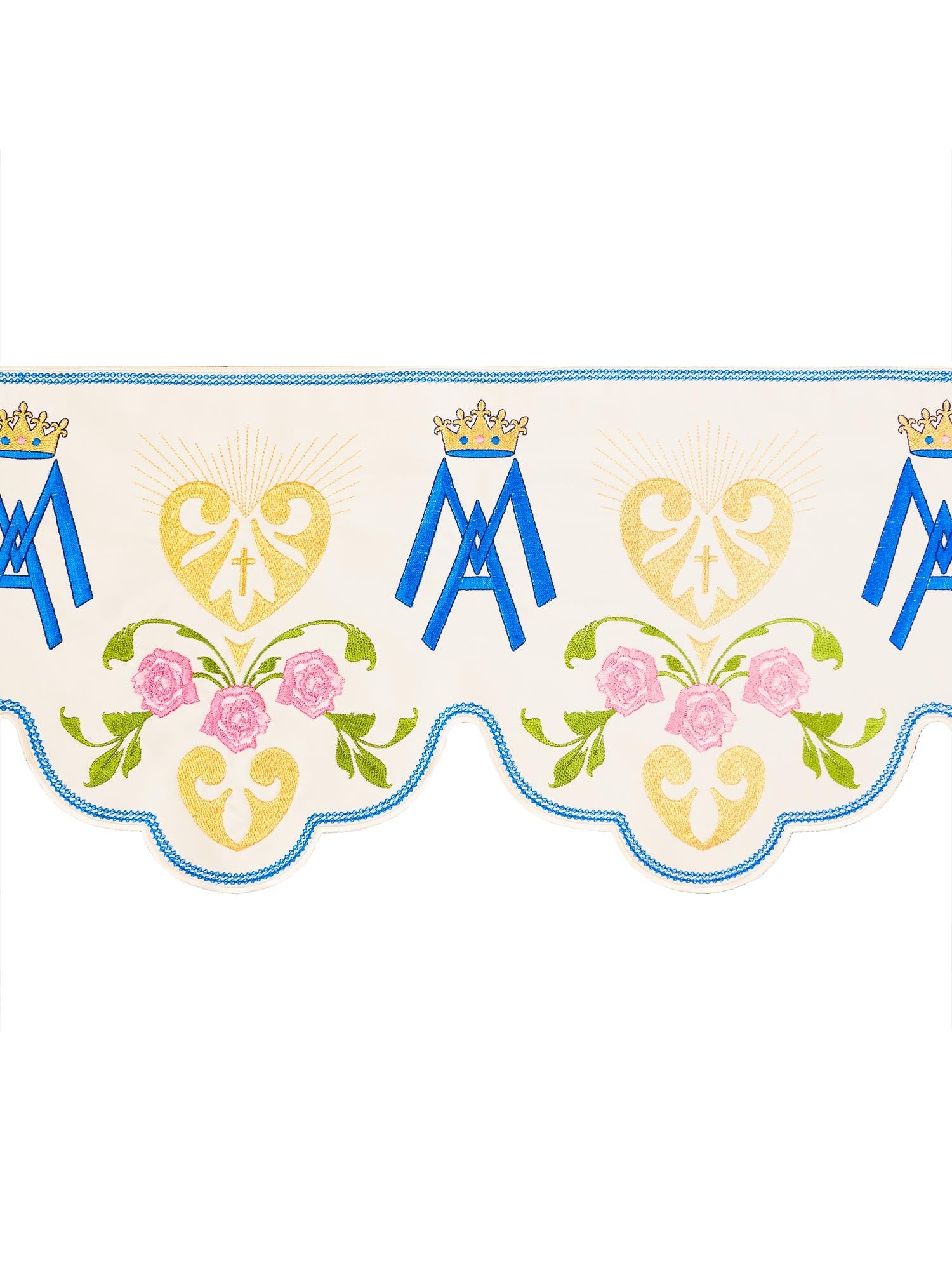 Puntilla de altar con bordado Mariano con flores - marfil KOM/046/05 17cm 3,5m - CASULLAS.ES