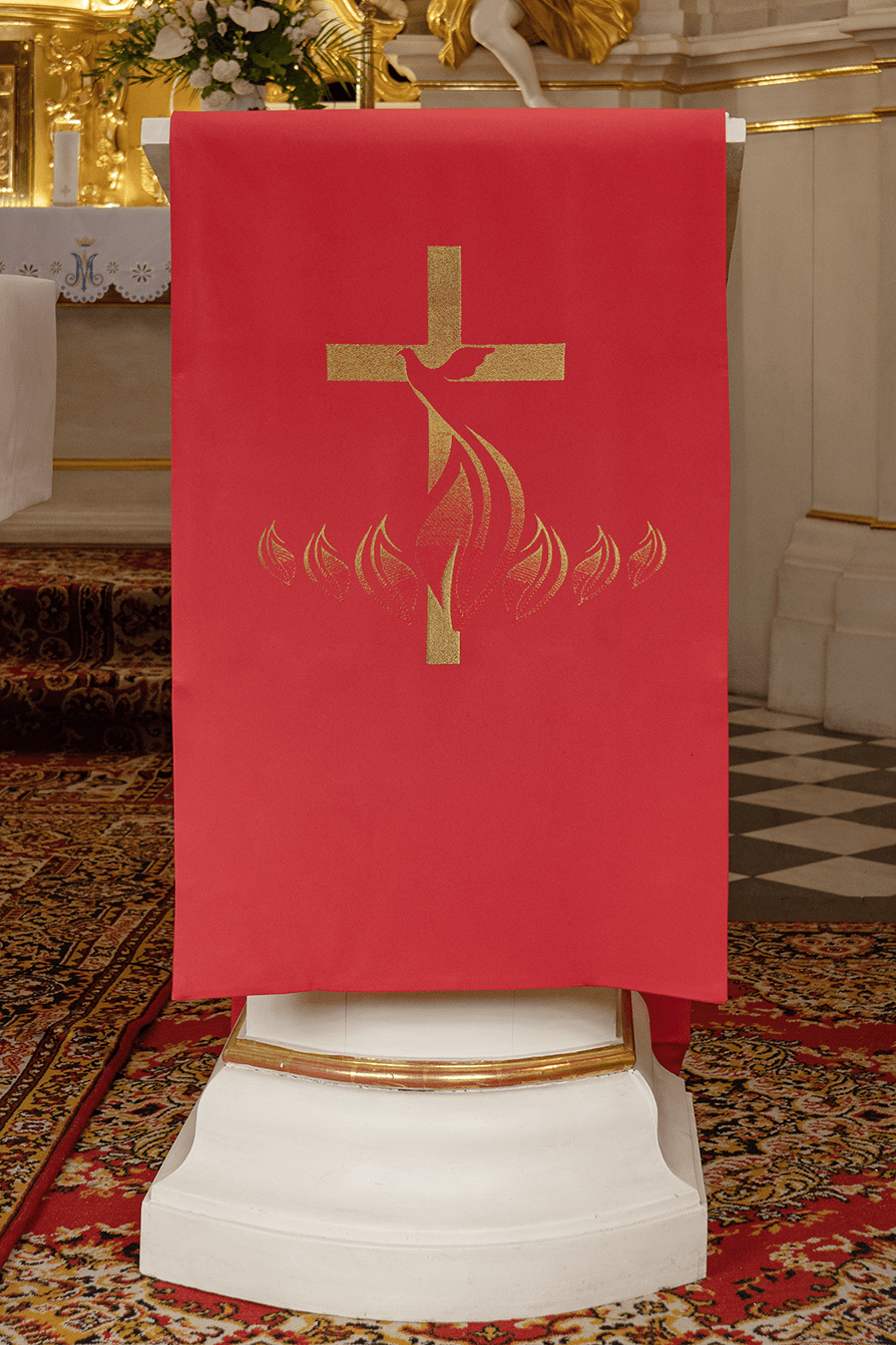 Rojo cubre ambon con bordado Cruz y Fuego KMO/216/02/01 CZERWONY 55*250 - CASULLAS.ES