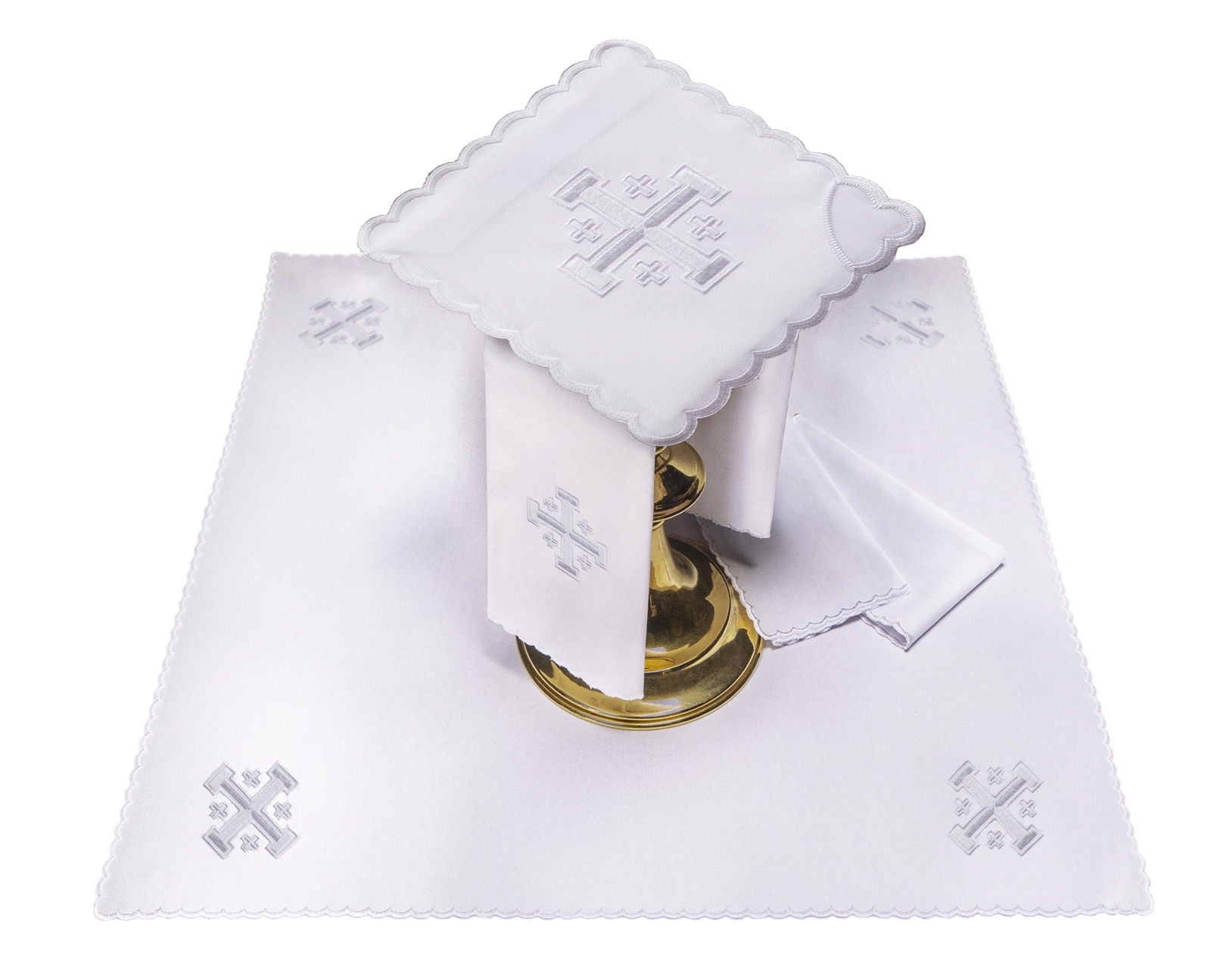 Ropa de cáliz con bordado de la Cruz de Jerusalén blanca KK/030/04 BIAŁY HAFT BIAŁY - CASULLAS.ES
