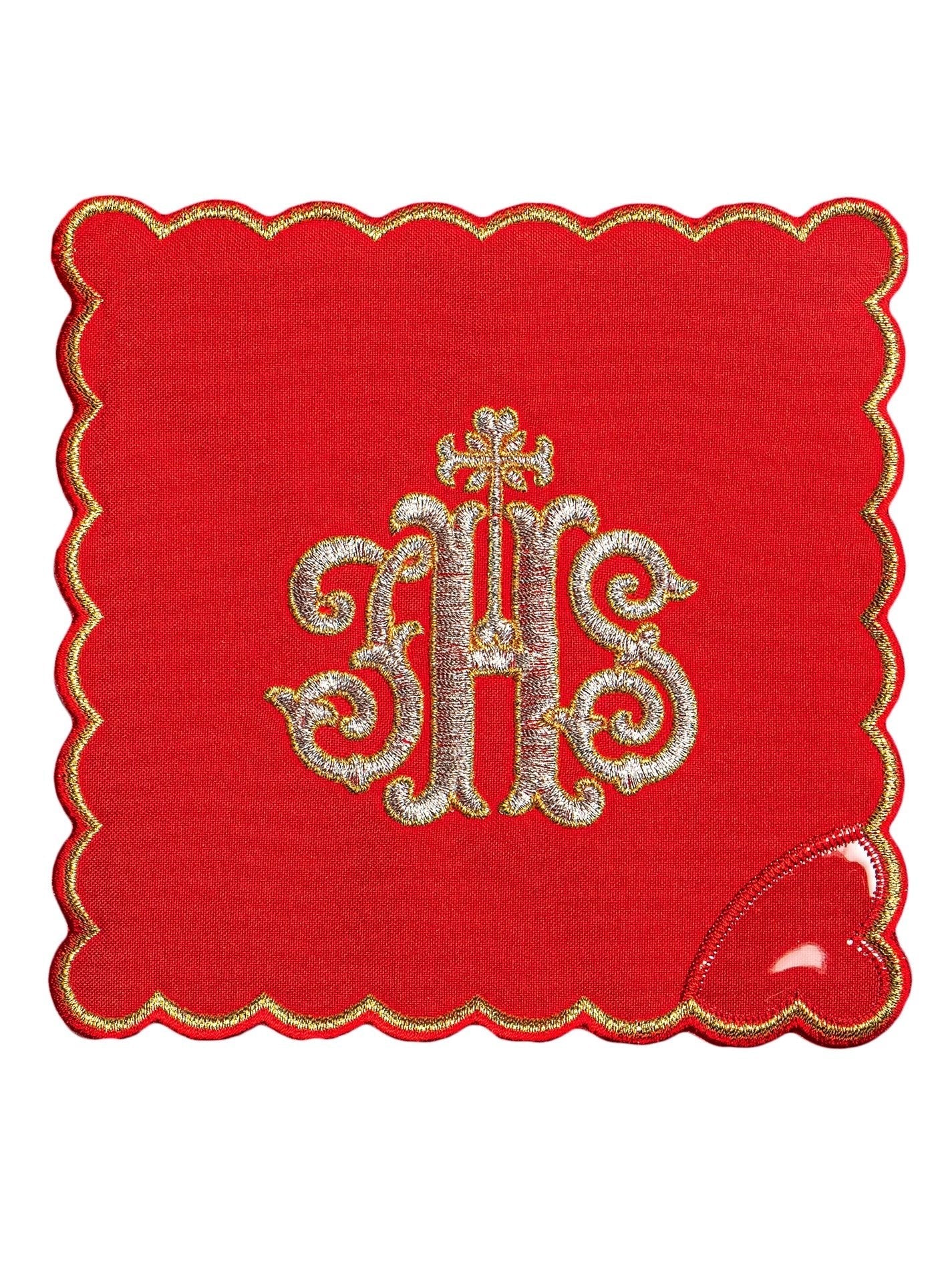 Servicio de altar bordado IHS, palia roja KK/072/02 - CASULLAS.ES