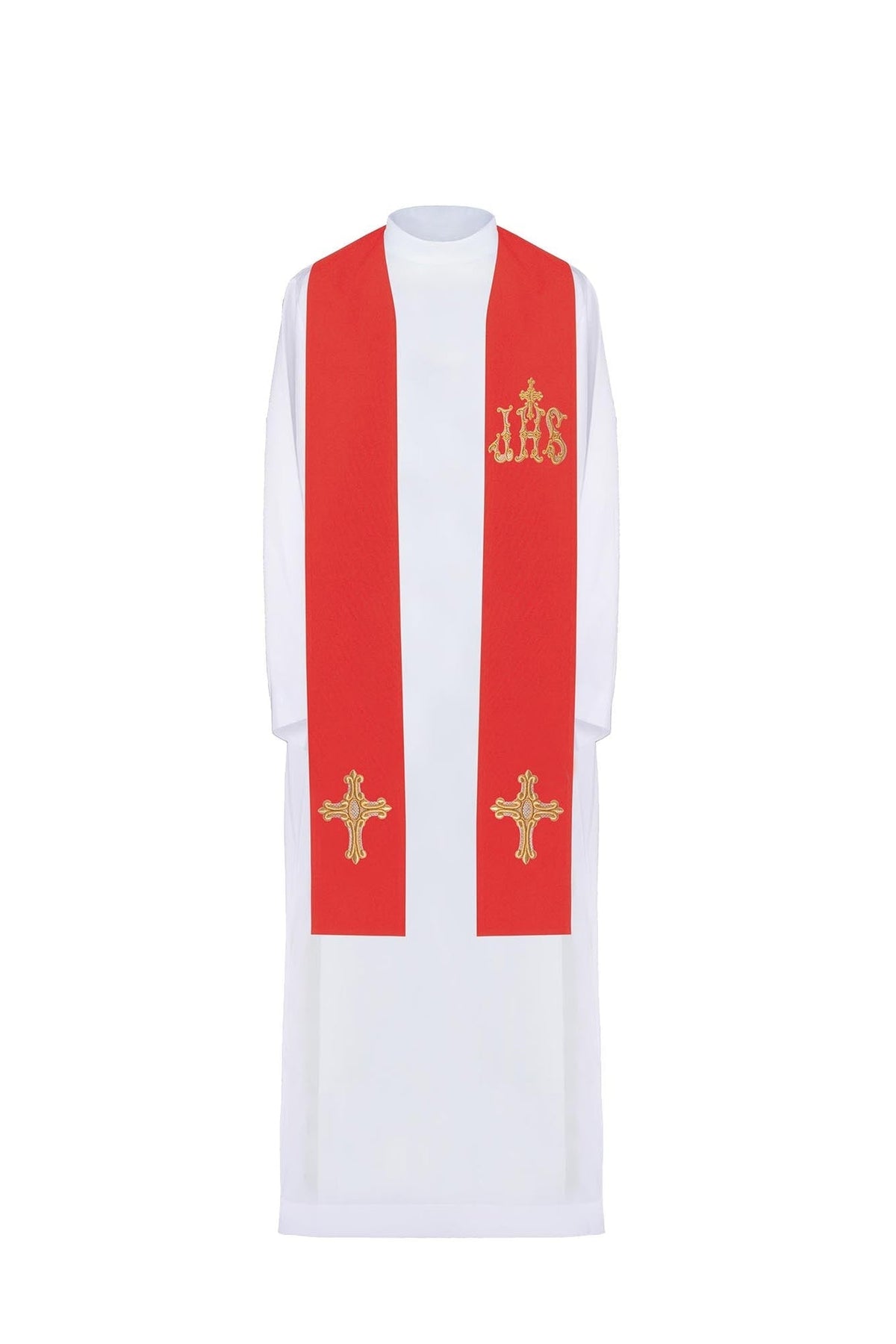 Estola sacerdotal roja bordada con cruz e IHS, vista frontal sobre alba blanca
