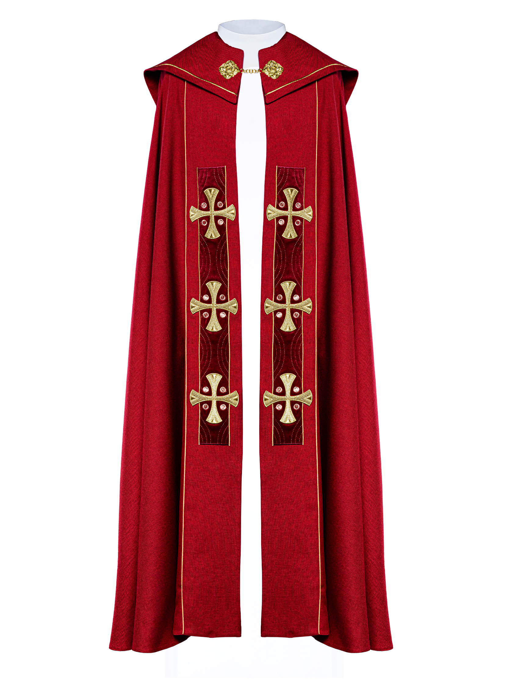 Capa en cruces de oro bordadas con terciopelo rojo